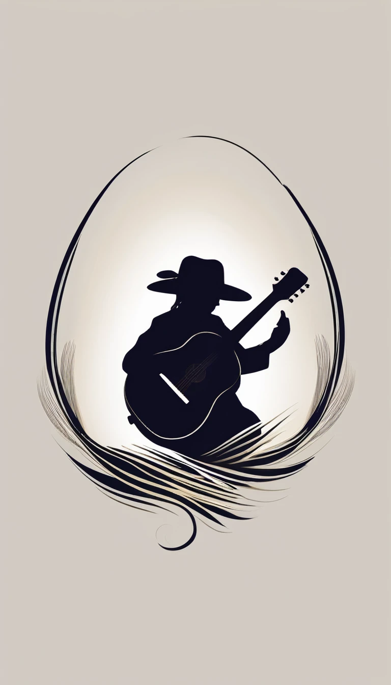 A minimal, modern, simple, cinematic logotype for the brand “Penamemoria". The logotype must be a simple, magical feather and a boy playing acoustic guitar. The logo must convey a sense of music, stories and dreams. Logo design impressed on a book cover. Minimalistic logo