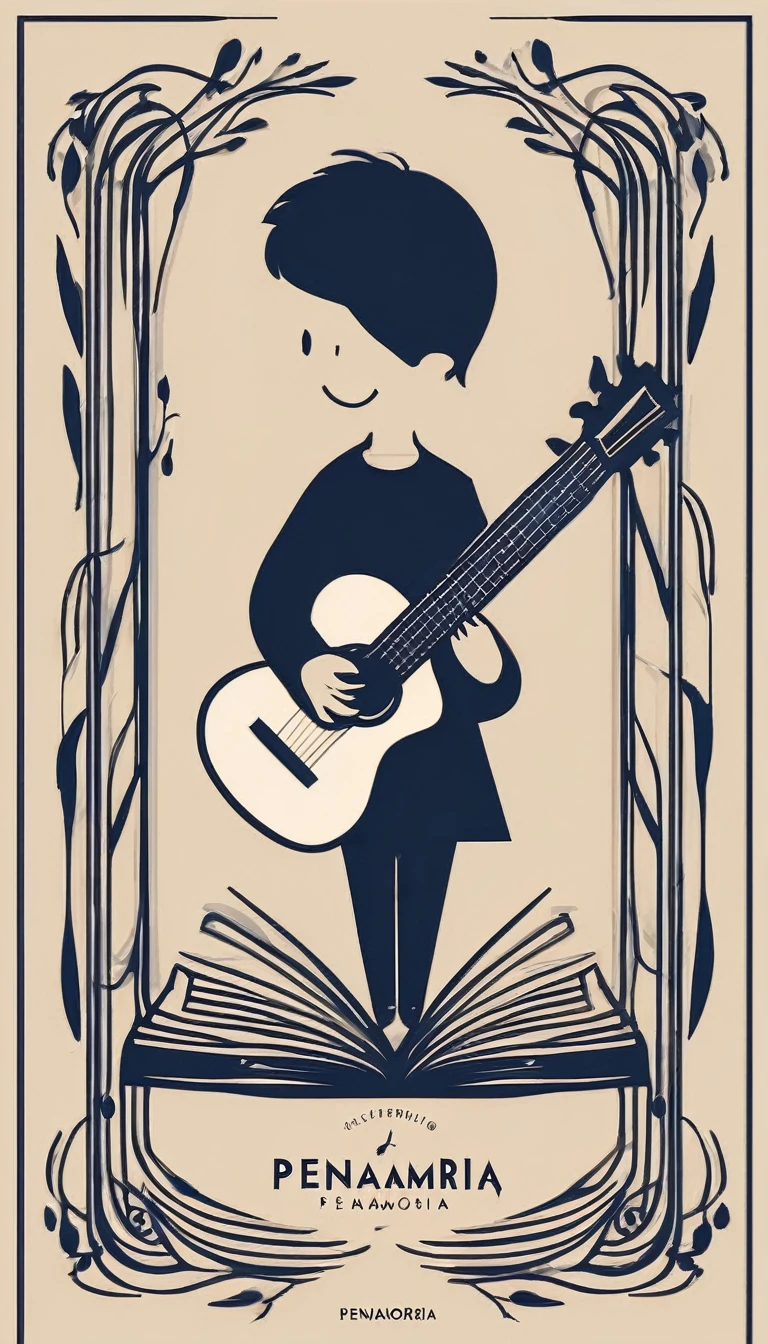 A minimal, modern, simple, cinematic logotype for the brand “Penamemoria". The logotype must be a simple, magical feather and a boy playing acoustic guitar. The logo must convey a sense of music, stories and dreams. Logo design impressed on a book cover. Minimalistic logo