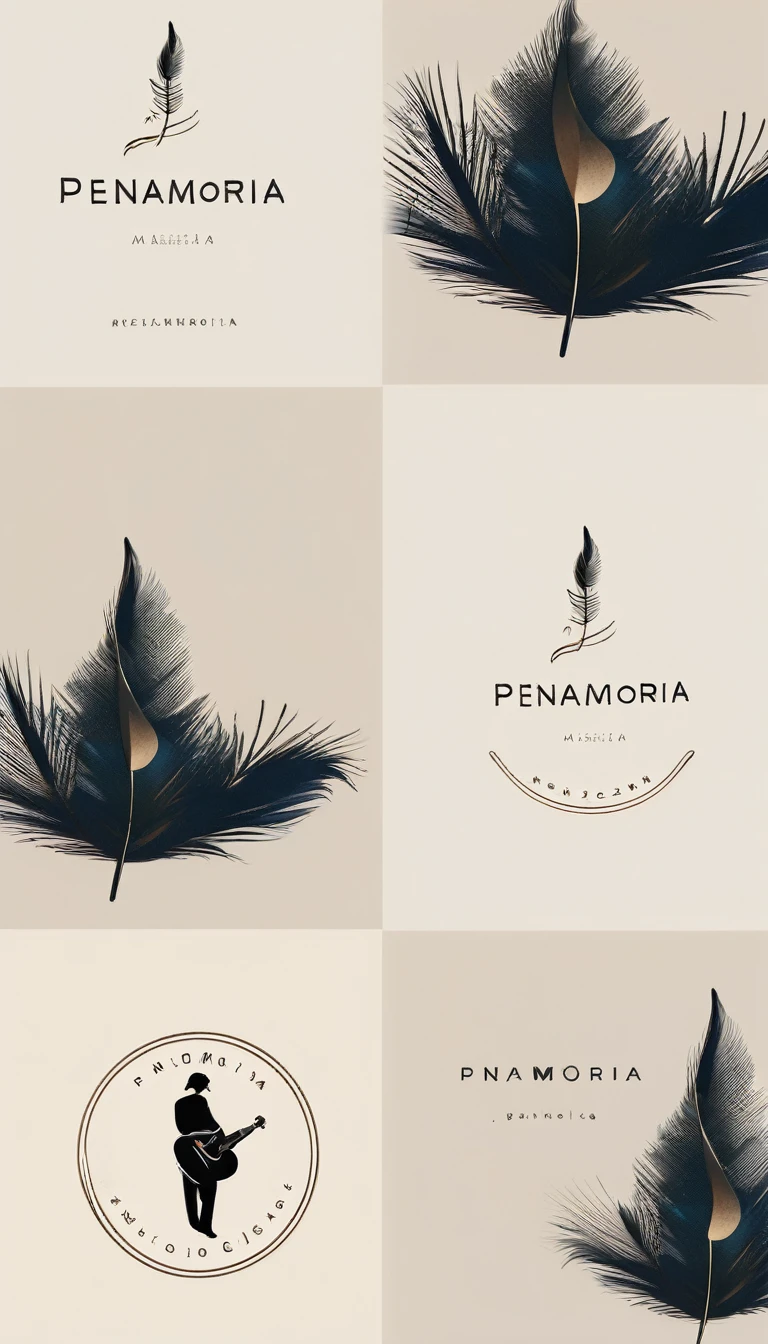 A minimal, modern, simple, cinematic logotype for the brand “Penamemoria". The logotype must be a simple, magical feather and a boy playing acoustic guitar. The logo must convey a sense of music, stories and dreams. Logo design impressed on a book cover. Minimalistic logo