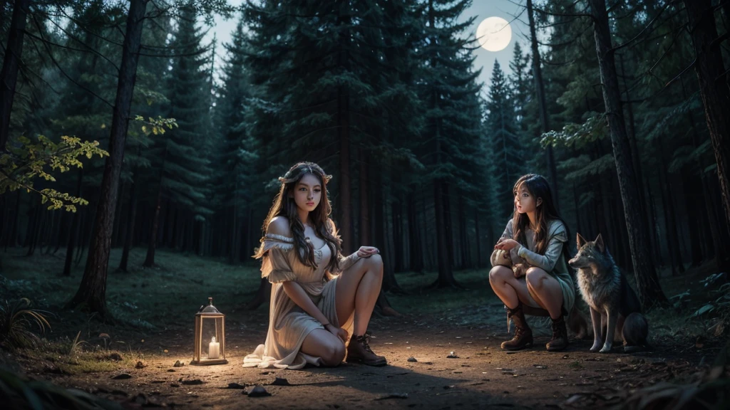 beautiful girl in forest in moon light with wolves