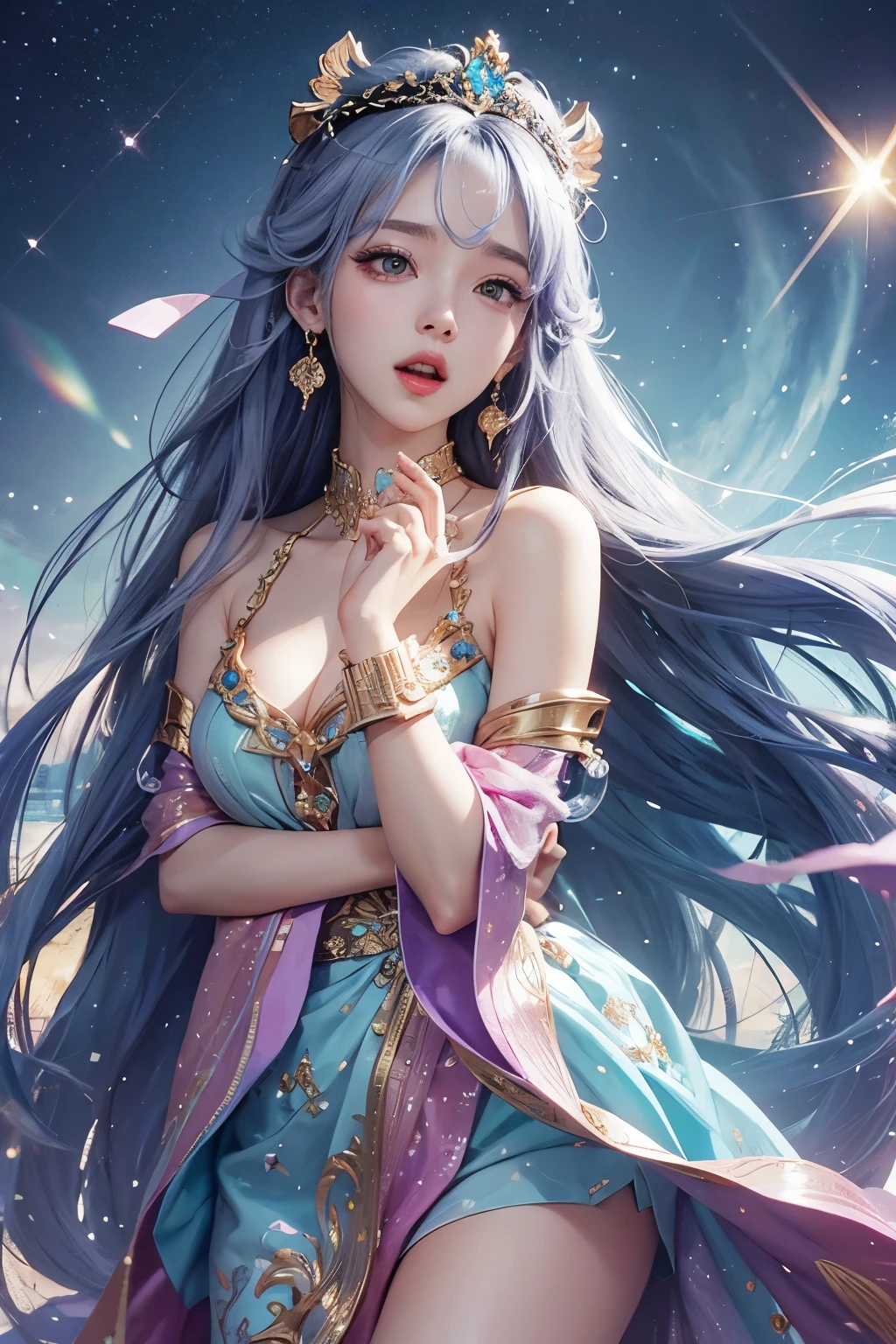goddess Long Hair, Crystal Earrings, Open your mouth, Sparkle Effect, Anime Style,