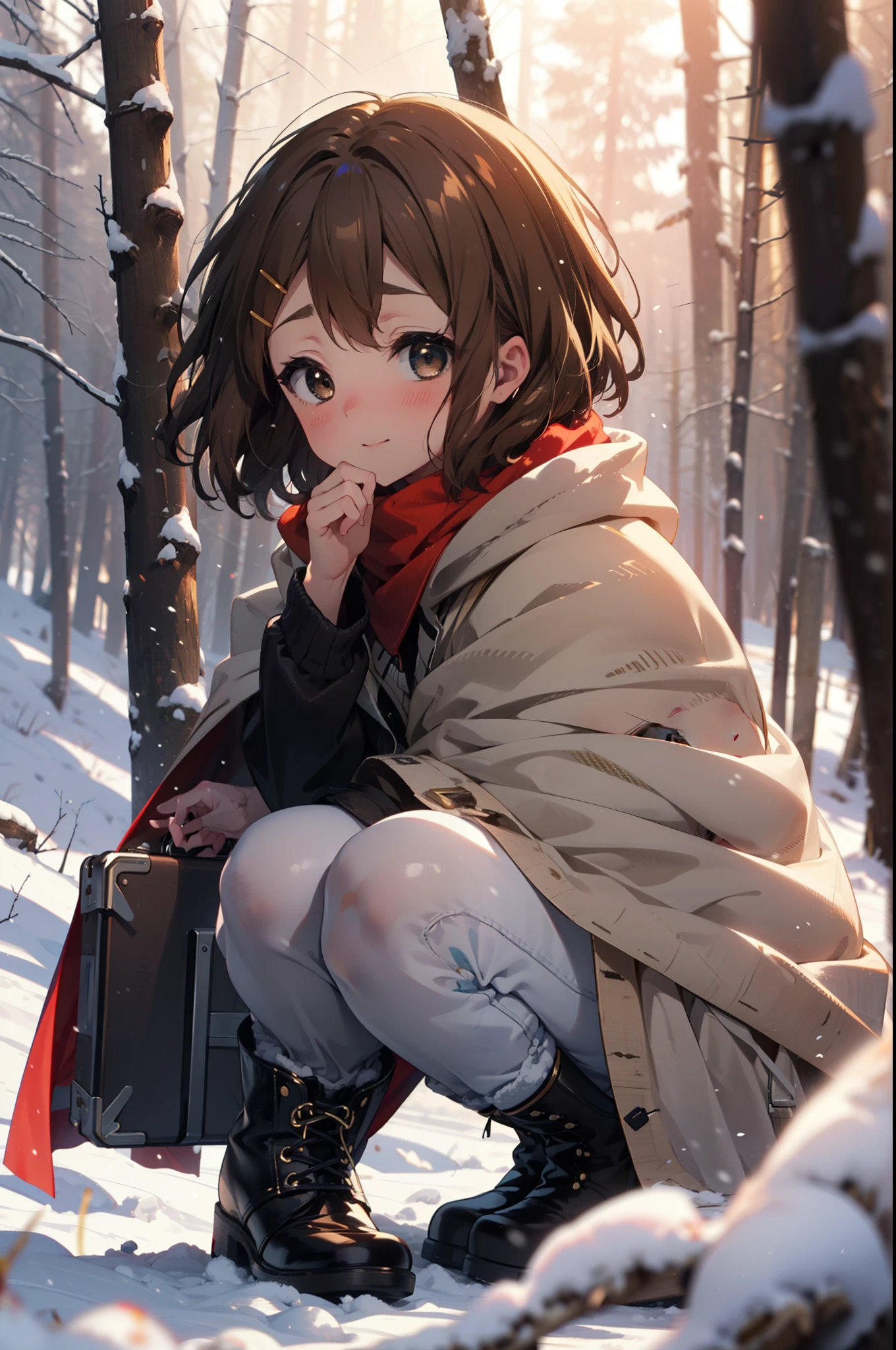 yuihirasawa, Yui Hirasawa, short hair, Brown Hair, hair ornaments, (Brown eyes:1.5), Hair Clip、smile,smile,blush,white breath,
Open your mouth,snow,Ground bonfire,, Outdoor, boots, snowing, From the side, wood, suitcase, Cape, Blurred, , forest, White handbag, nature,  Squat, Mouth closed, Cape, winter, Written boundary depth, Black shoes, red Cape break looking at viewer, Upper Body, whole body, break Outdoor, forest, nature, break (masterpiece:1.2), Highest quality, High resolution, unity 8k wallpaper, (shape:0.8), (Beautiful and beautiful eyes:1.6), Highly detailed face, Perfect lighting, Extremely detailed CG, (Perfect hands, Perfect Anatomy),