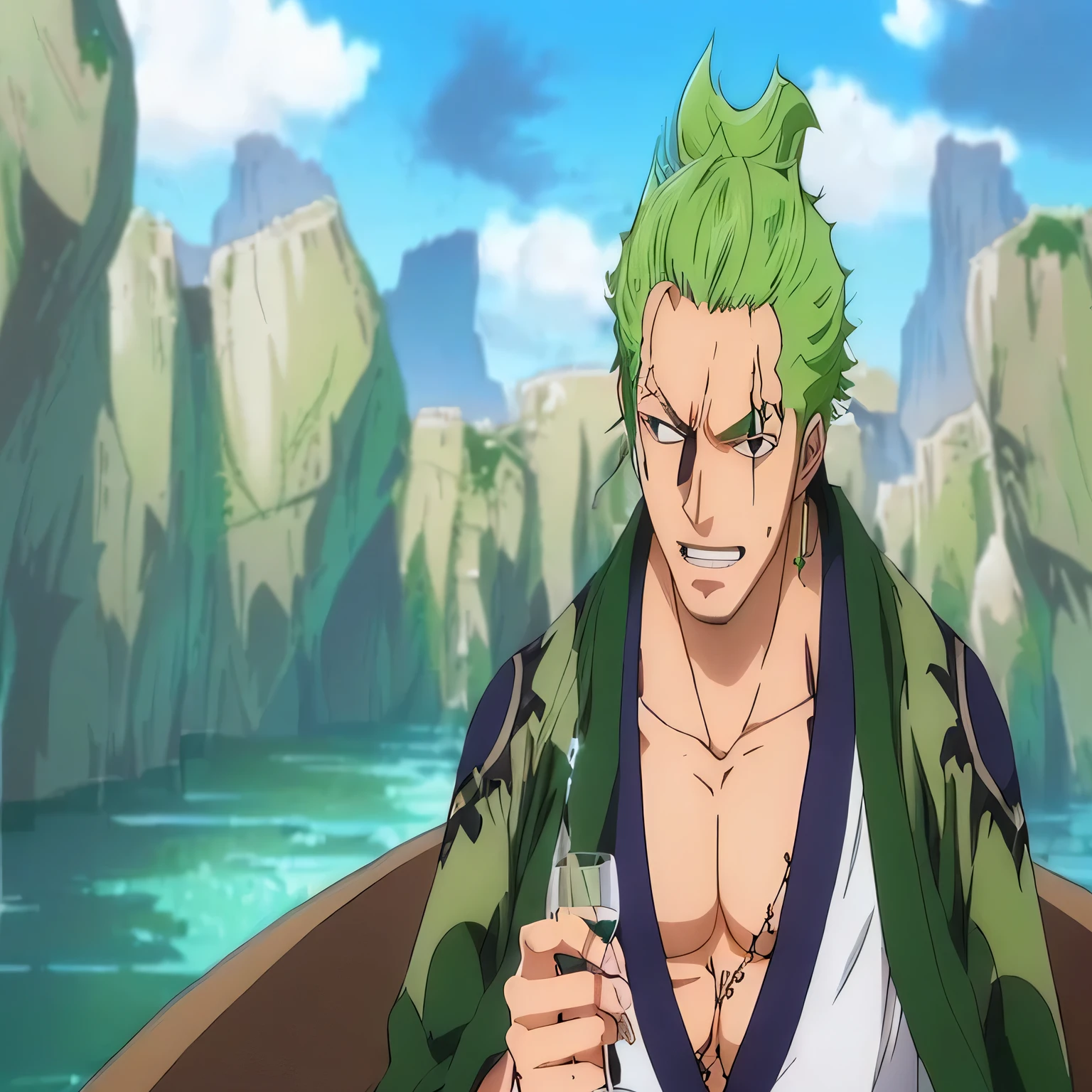 a close up of a person holding a glass of wine, roronoa zoro, from one piece, wearing only a green robe, today's featured anime still, best anime character design, dressed in a green robe, inspired by Eiichiro Oda, one piece, anime visual, eiichiro oda style, green robes, jin kagetsu, ohararyu