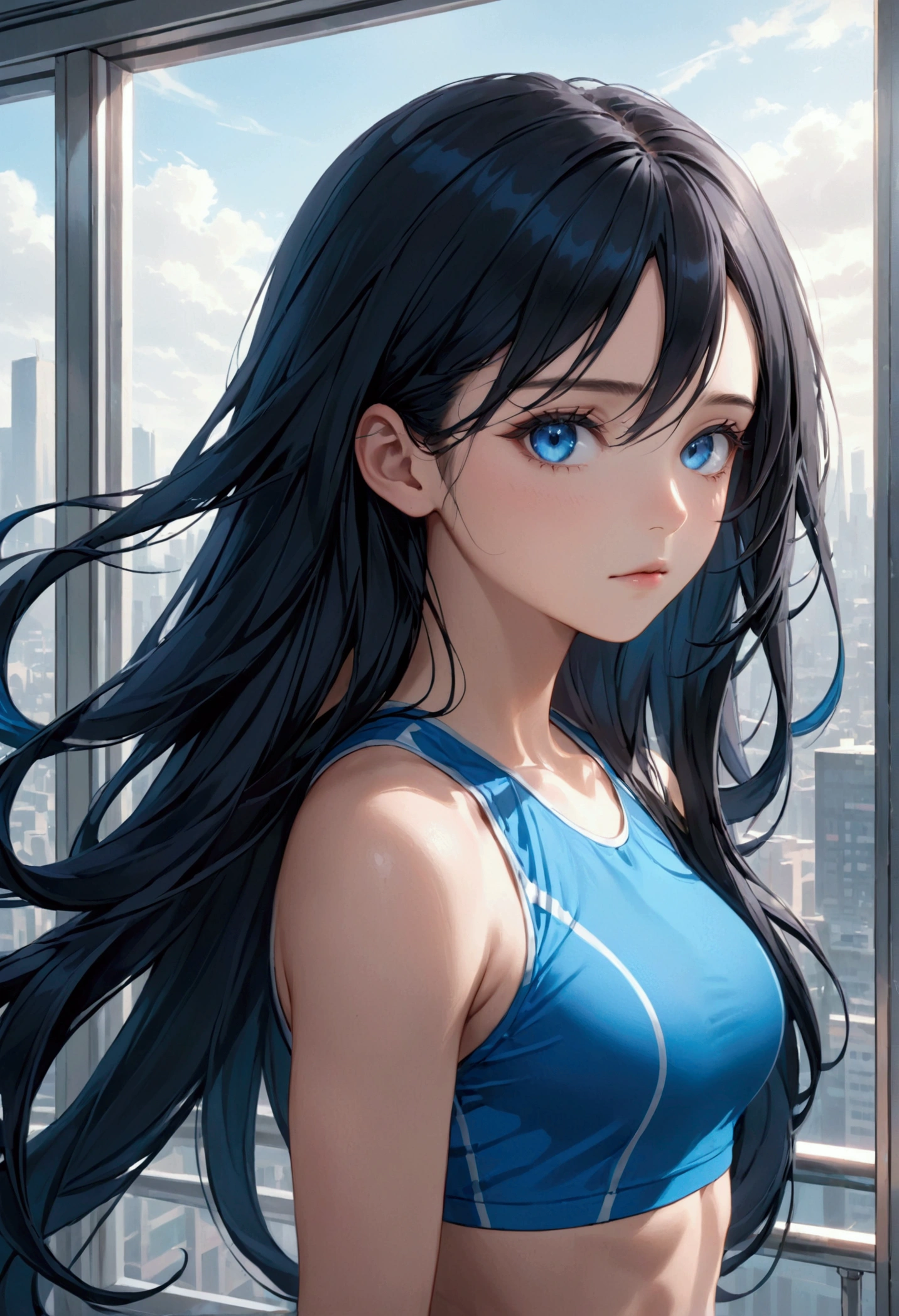 Girl with long black hair that are blue on inside. Blue eyes with an athletic body,aesthetic, high resolution, detailed, 8k