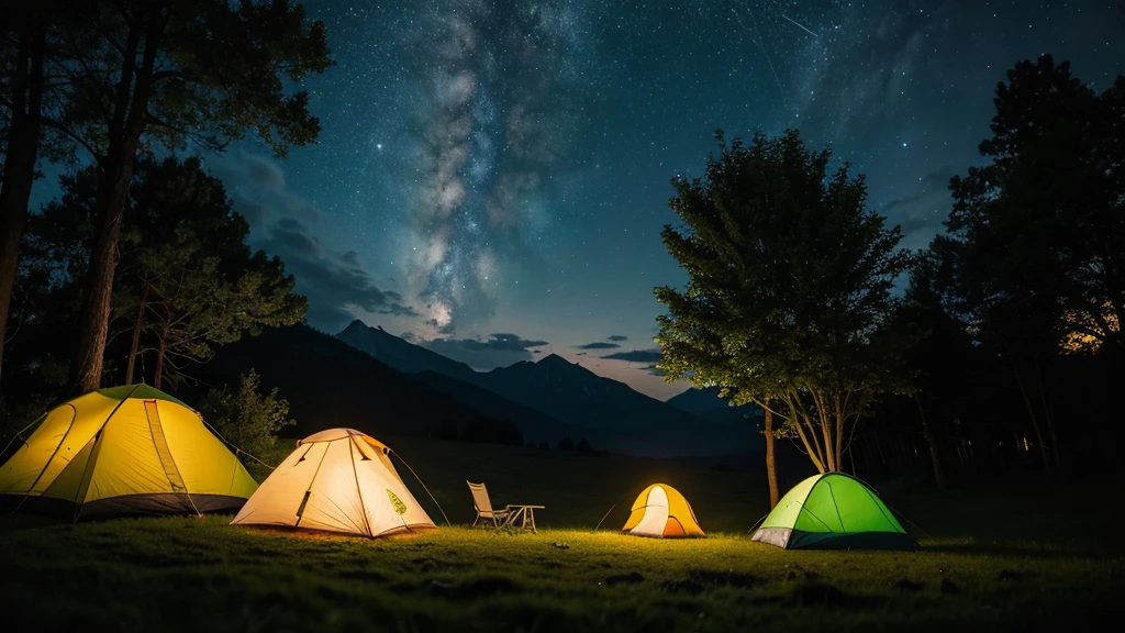 Campsite on the grassland,Lush trees,silent Night,Neon lights,Night Light,String lights,firefly,tent,Camping chairs,Illustration style,Rich in details