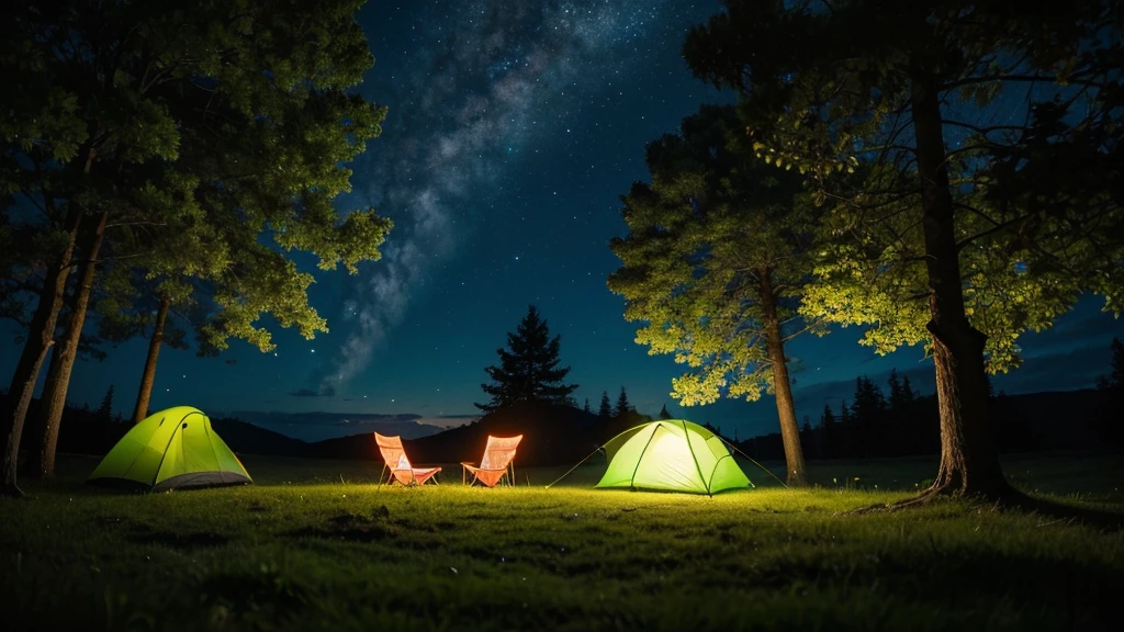 Campsite on the grassland,Lush trees,silent Night,Neon lights,Night Light,String lights,firefly,tent,Camping chairs,Illustration style,Rich in details