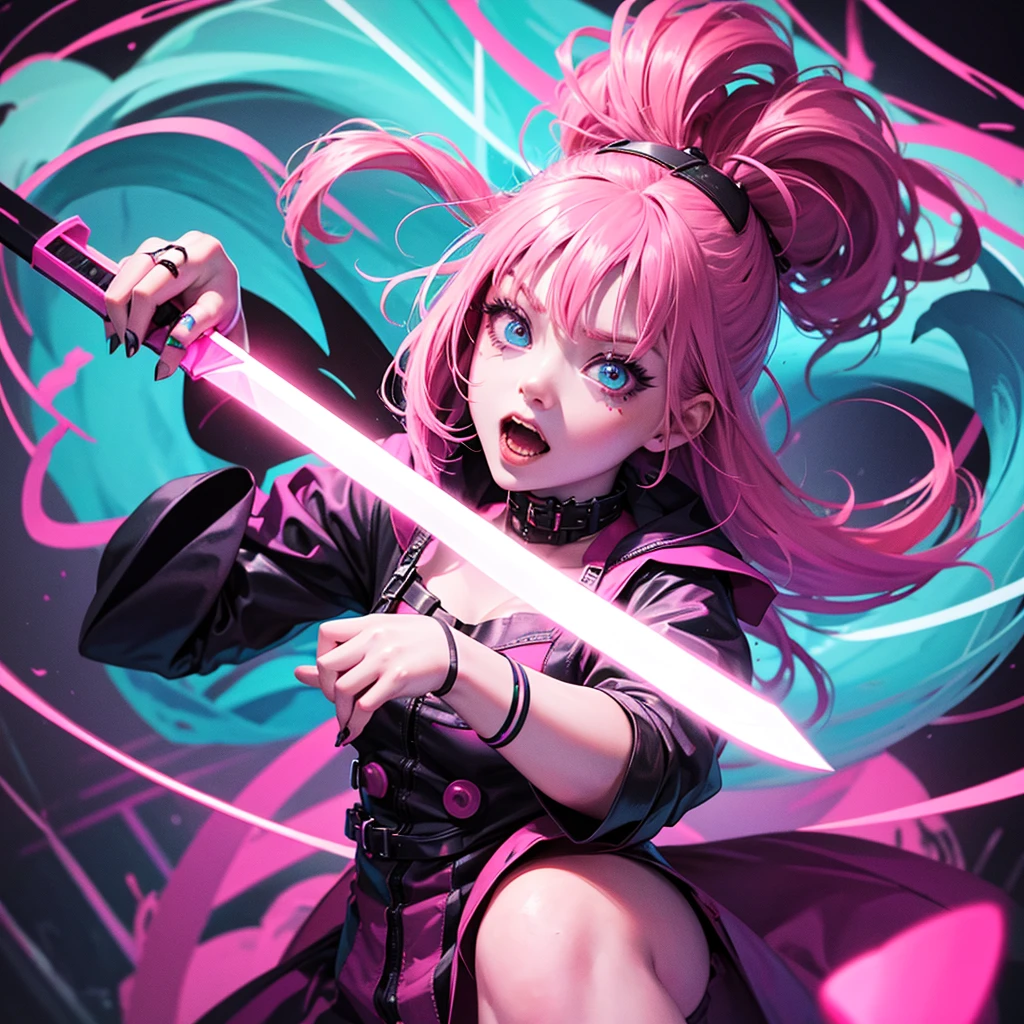 neon_outlines, photo of scary angry hostile clown girl in chibi style, holding a knife , pink and turquoise color theme, permission 8k