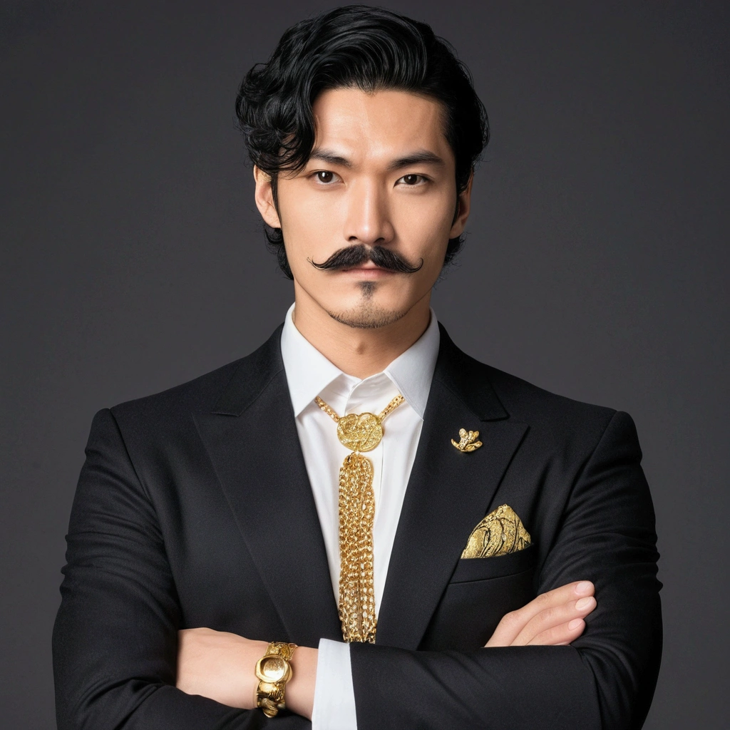 ID photo、A single male with black hair and a moustache、Wearing a gold necklace、Wearing a suit and with his arms crossed。The man is drawn in a manga-like style.、Has strength and charisma。