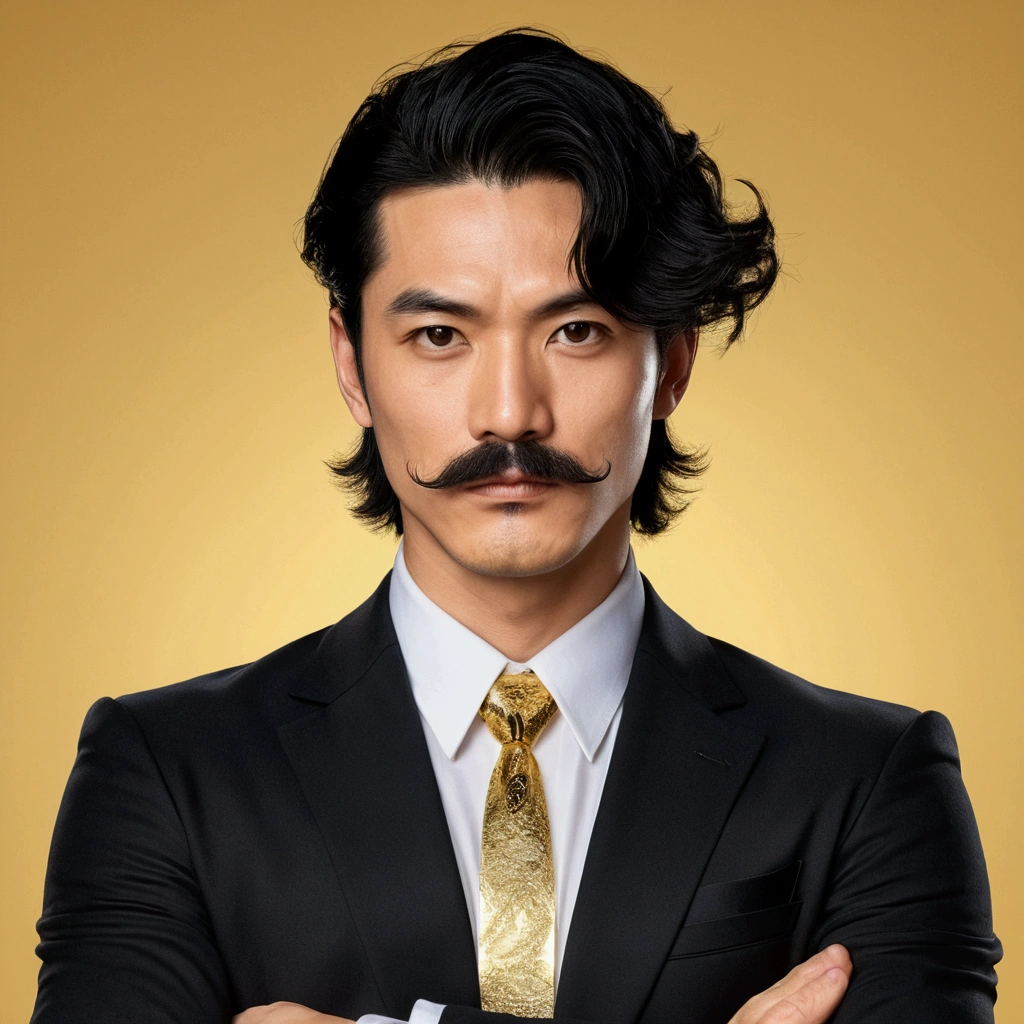 ID photo、A single male with black hair and a moustache、Wearing a gold necklace、Wearing a suit and with his arms crossed。The man is drawn in a manga-like style.、Has strength and charisma。