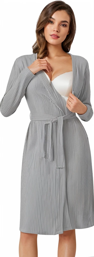 a woman in a gray robe and white bra top posing for a picture, very crisp details, perfect detail, crisp details, close up details, grey robe, grey, subtle details, lots of details, multiple details, very sharp details, subtle detailing, award - winning details, finely detailed features, crisp smooth clean lines, powerful detail, light grey, robes