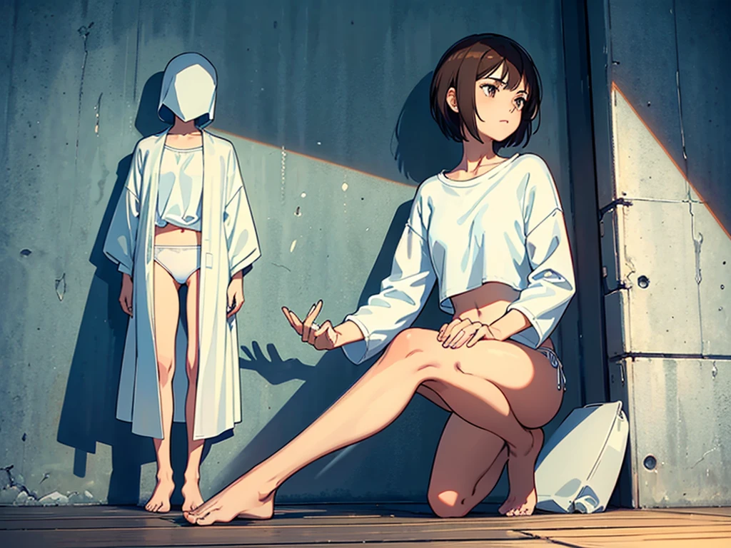 beautiful girl, slender, boyish, very short hair, brown hair, (wear a white long-sleeved T-shirt), (white bikini panties) , Perfect hands, Perfect body, sit against the wall, one Knee , (bare foot), ((looking away)), relaxing, ((Exquisite detail)), Very finely crafted fingers(((10 fingers))), (Full-body showcase), (Show your whole body), (No logos on background), (No logo), (taken from below),