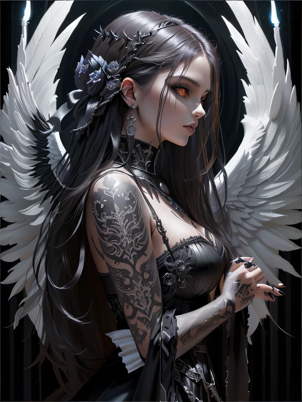 a true masterpiece depicting death angel, oil painting, imortality,, abstract, gorgeous, tattoos,crown, sad, depressing, flowers, perfect face, (tattooed body, black wings, red), blue eyes, roses, laying down,