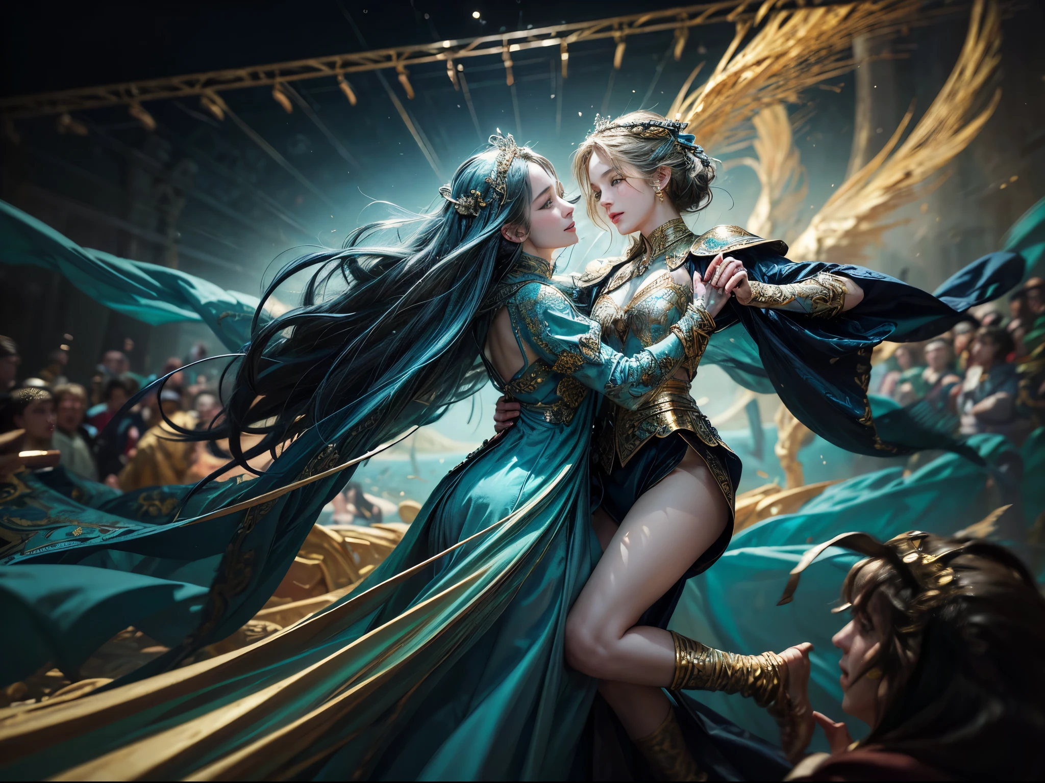8k, elegant, majestic, digital photography, ((masterpiece)), sidelighting, hdr, vibrant abstraction of a medieval festival, dynamic dancers twirl amidst a sea of vivid, (highly detailed face:1.5), swirling hues, evoking joy and movement