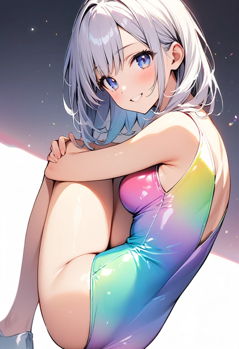 (masterpiece:1.2),Highest quality,Pixiv ,One girl,alone,View your viewers,smile,White background only,whole body,From the side,One knee,,Look to the side、white background only,A leotard with glittering embellishments,tight-fitting leotard,Rainbow gradient leotard,slim, Beautiful Eyes,軽いsmile,、No background