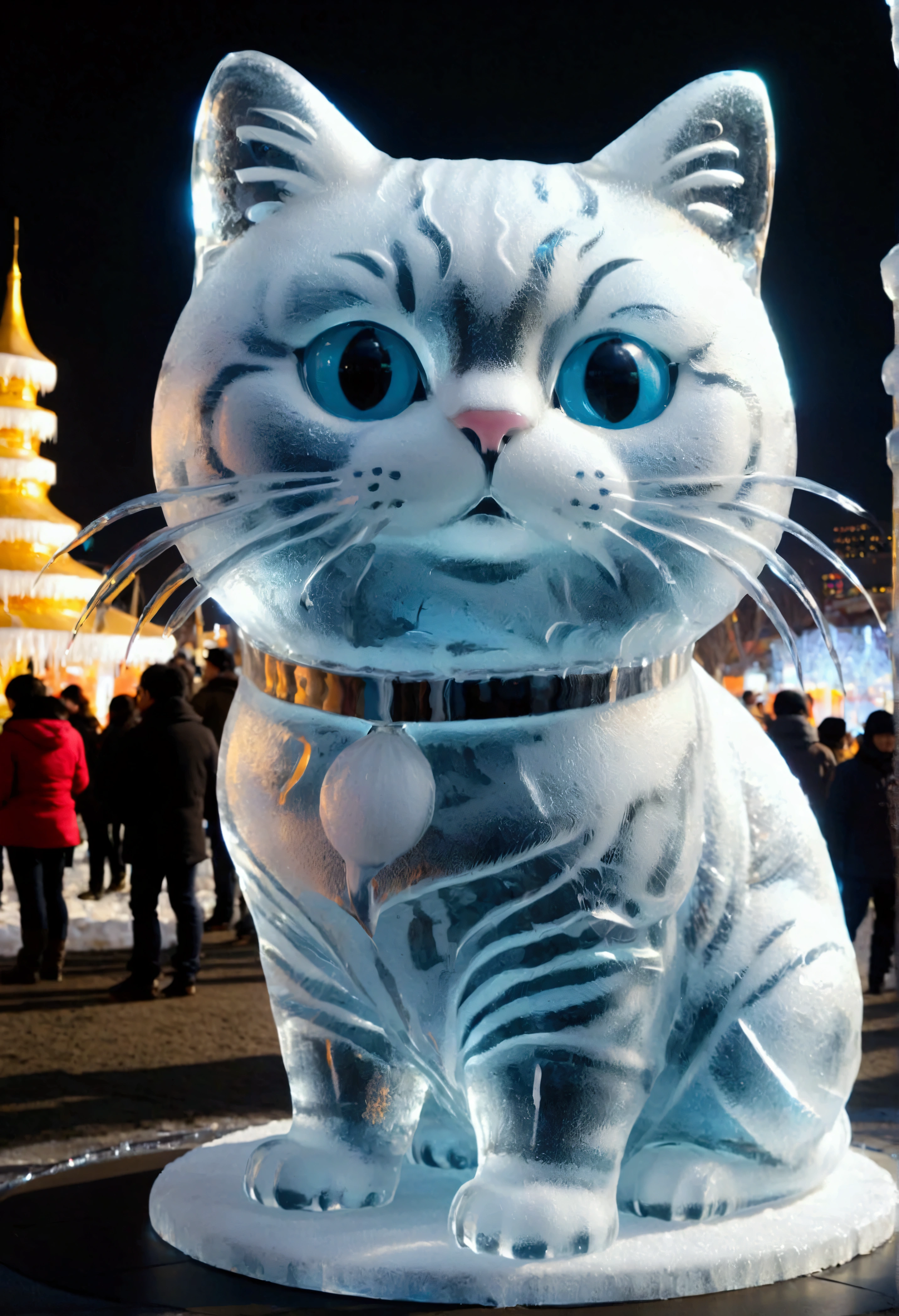 Giant transparent ice sculpture, (cute little fat cat sculpture), Sapporo Snow Festival, twinkling lights, (masterpiece), (top quality), (super high detail).