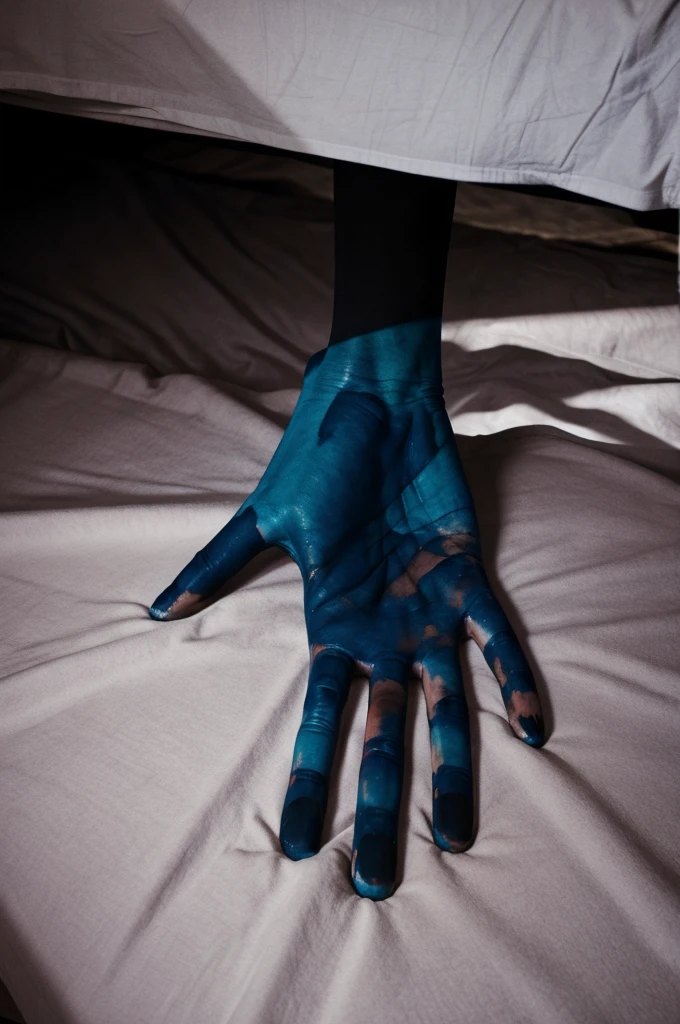 A ghostly painted hand under the bed in the dark of night