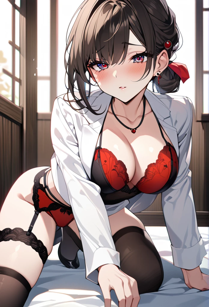 1girl, short black hair, red eyes, a formal suit slightly revealing, night, bedroom, laying down, blushing, smiling