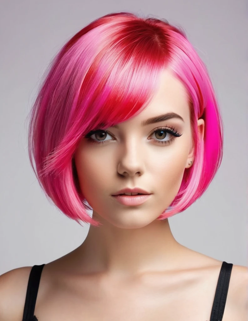 Very attractive 25 year old female with bright pink hair, a stunning bob haircut