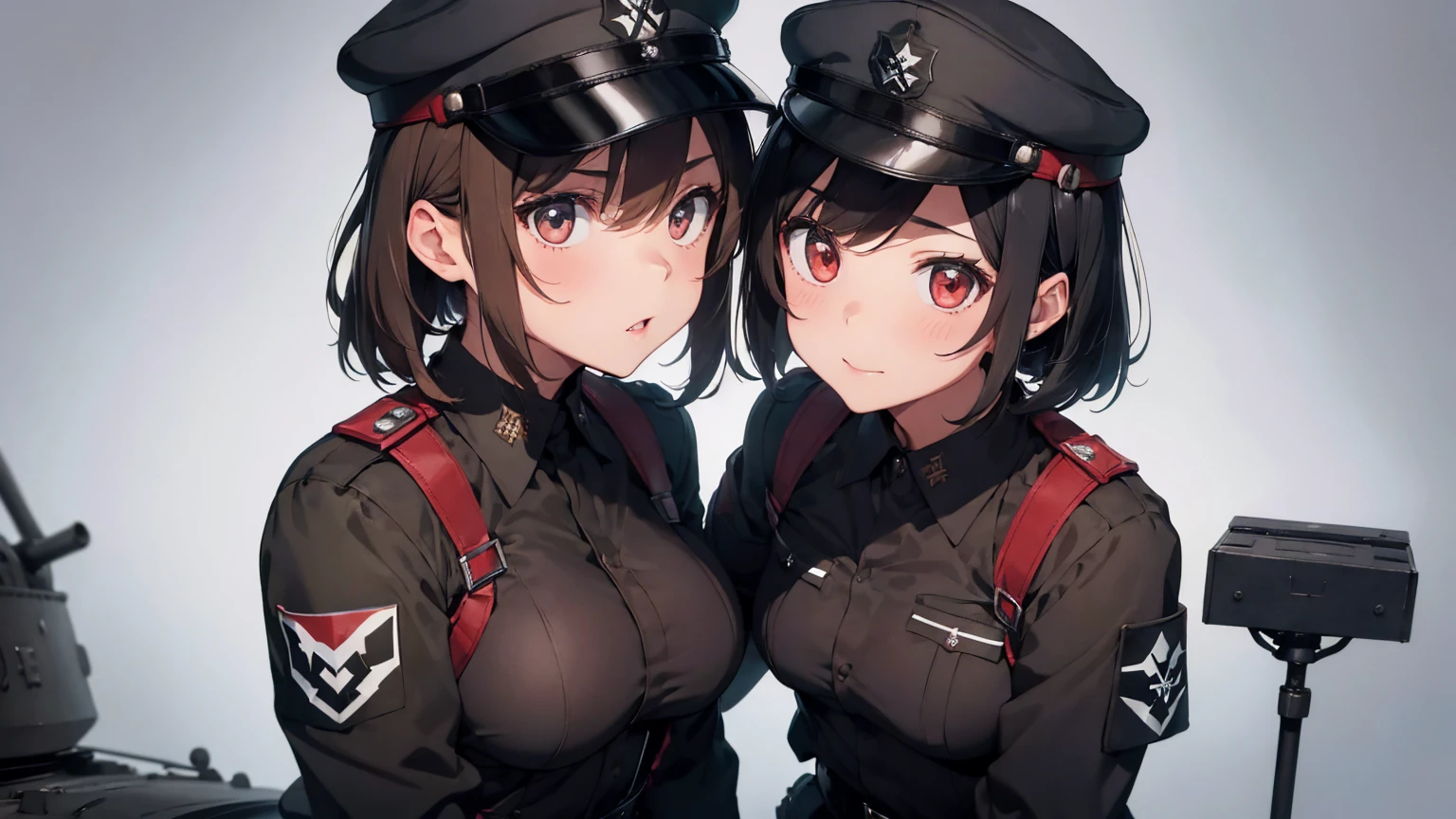 Gestapo uniform, female Nazi lesbian kawaii sisters kissing passionately in Auschwitz Jewish concentration camp, wearing  Luftwaffe uniforms. 8k. masterpiece. best quality. best artwork. lingerie.  insignia 