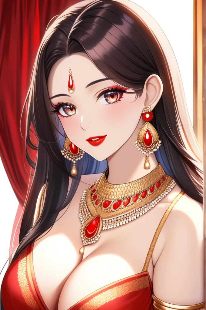beautiful woman bending over in front, ,Beautiful alluring woman, fantastic face beautiful look, ((red lips, bright eyes, 1.5)), (Straight round and ultra huge clevage, ), A glorious gorgeous, glorious gorgeous face, pretty face, bright eyes, detailed elegant printed red saree, , ultra focus, face ilumined, face detailed, 8k resolution, , curvy body ,face makeup, detailed body, perfect nose, perfect face,sharp jawline, bangles,white skin, necklace,big jhumka earrings,long earrings, heavy earrings,red lipstick,blush,shiny hair,silky hair,long hair,long necklaces smiling ,