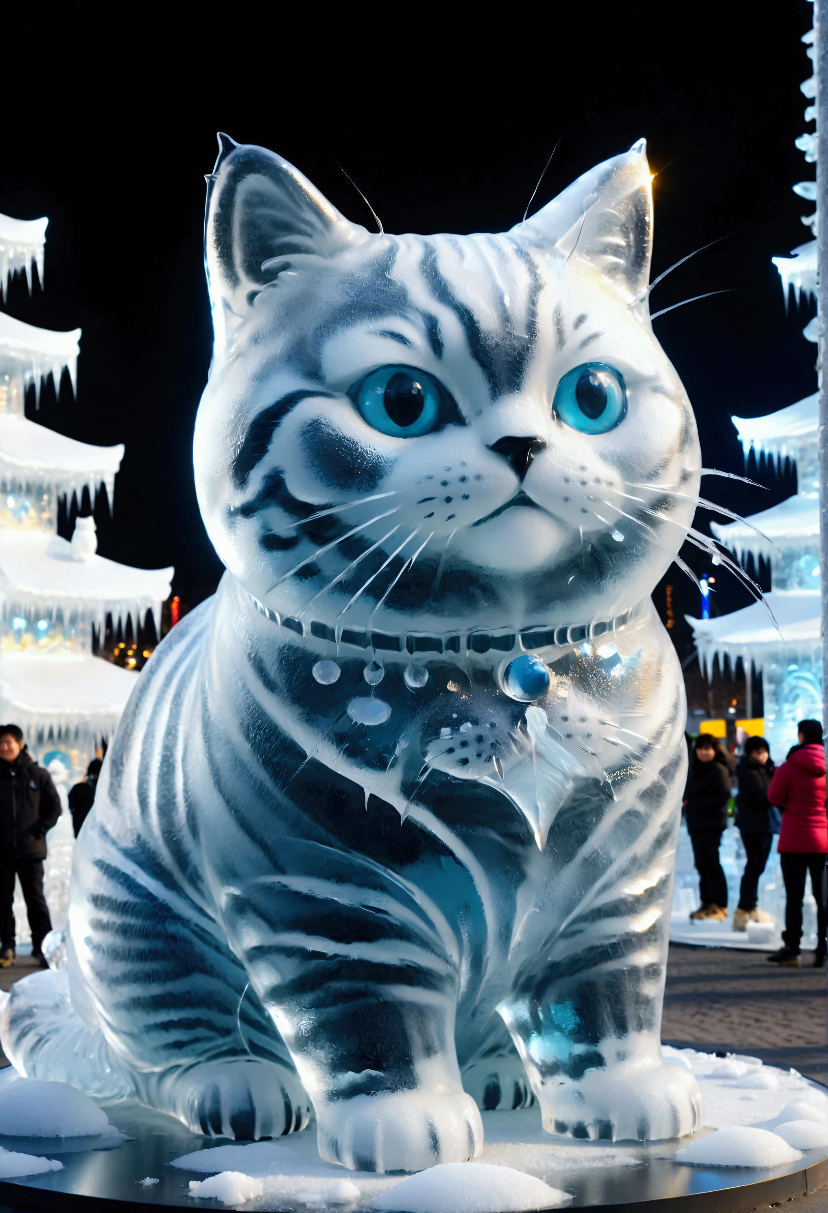 Giant transparent ice sculpture, (cute little fat cat sculpture), Sapporo Snow Festival, twinkling lights, (masterpiece), (top quality), (super high detail).