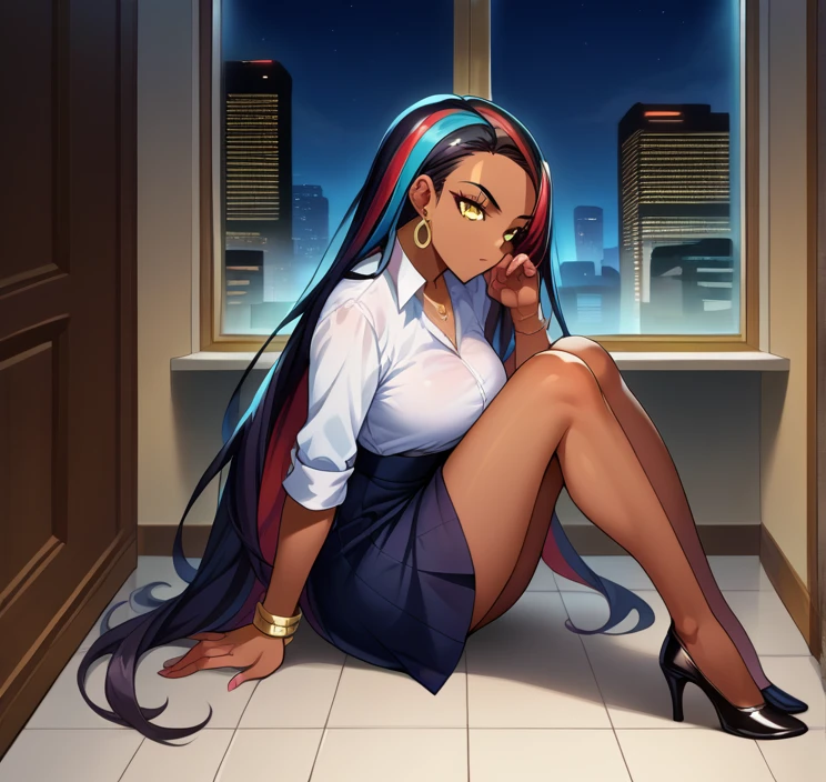 score_9, score_8_up,score_7_up, source_anime, 1girl, solo, EPpkNessa, gold eyes, black hair, red hair, streaked hair,, dark skin, dark-skinned female, necklace, ear piercing,bottonup shirt,high-waist skirt,pantyhoes,heels,office, at a dark room, at night , city view from the window, gyaru,Very Long Hair,Hair Slicked Back, 