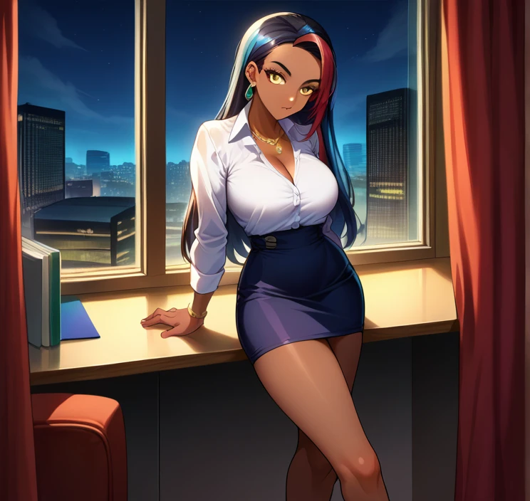 score_9, score_8_up,score_7_up, source_anime, 1girl, solo, EPpkNessa, gold eyes, black hair, red hair, streaked hair,, dark skin, dark-skinned female, necklace, ear piercing,bottonup shirt,high-waist skirt,pantyhoes,heels,office, at a dark room, at night , city view from the window, gyaru,Very Long Hair,Hair Slicked Back, 