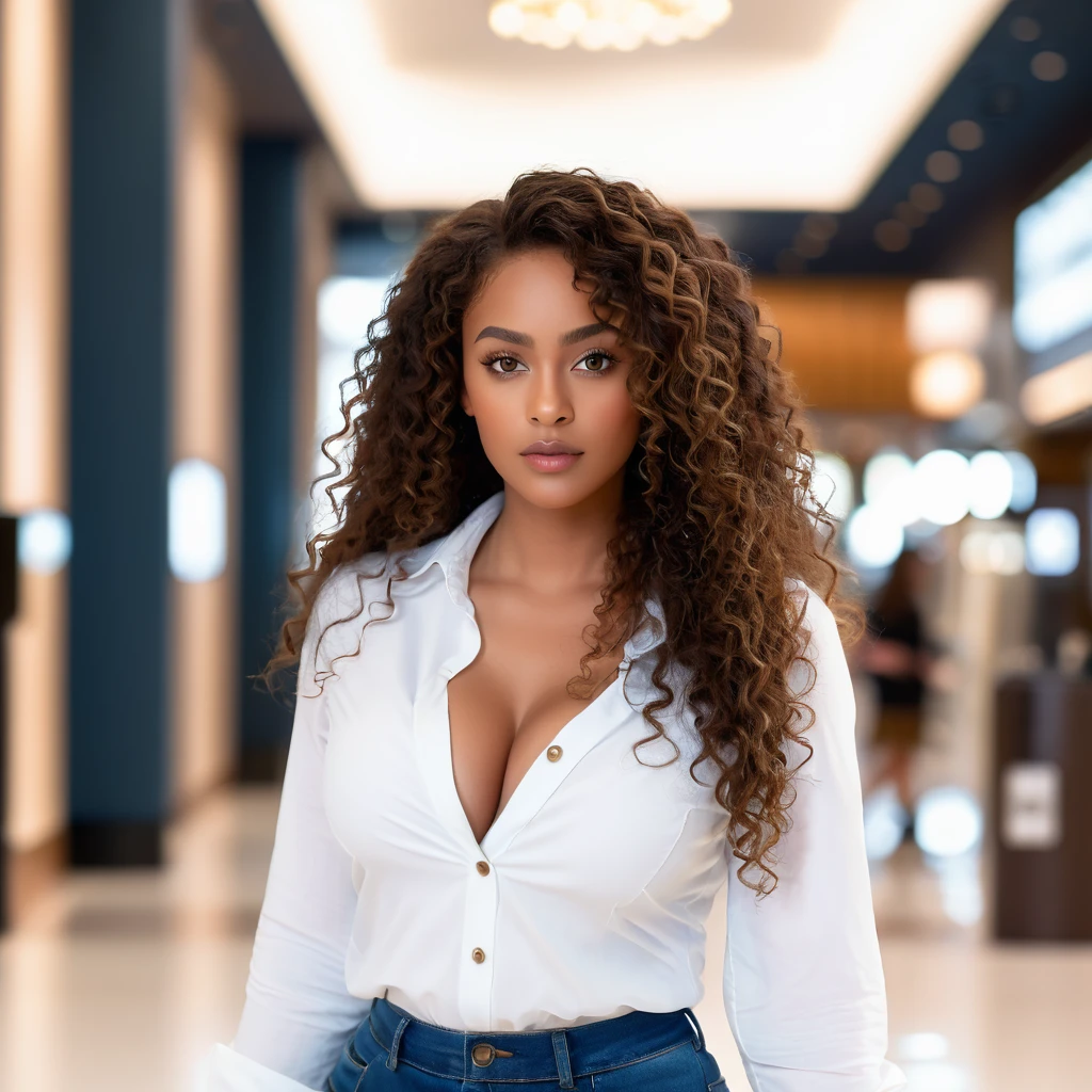 (best quality,4k,highres, highres face details), Bina, African American 30-year-old, with long brown curly hair, wearing a white buttoned-up shirt,18 years old, Instagram model, 32DD natural breast, walking in the mall going to a photoshoot