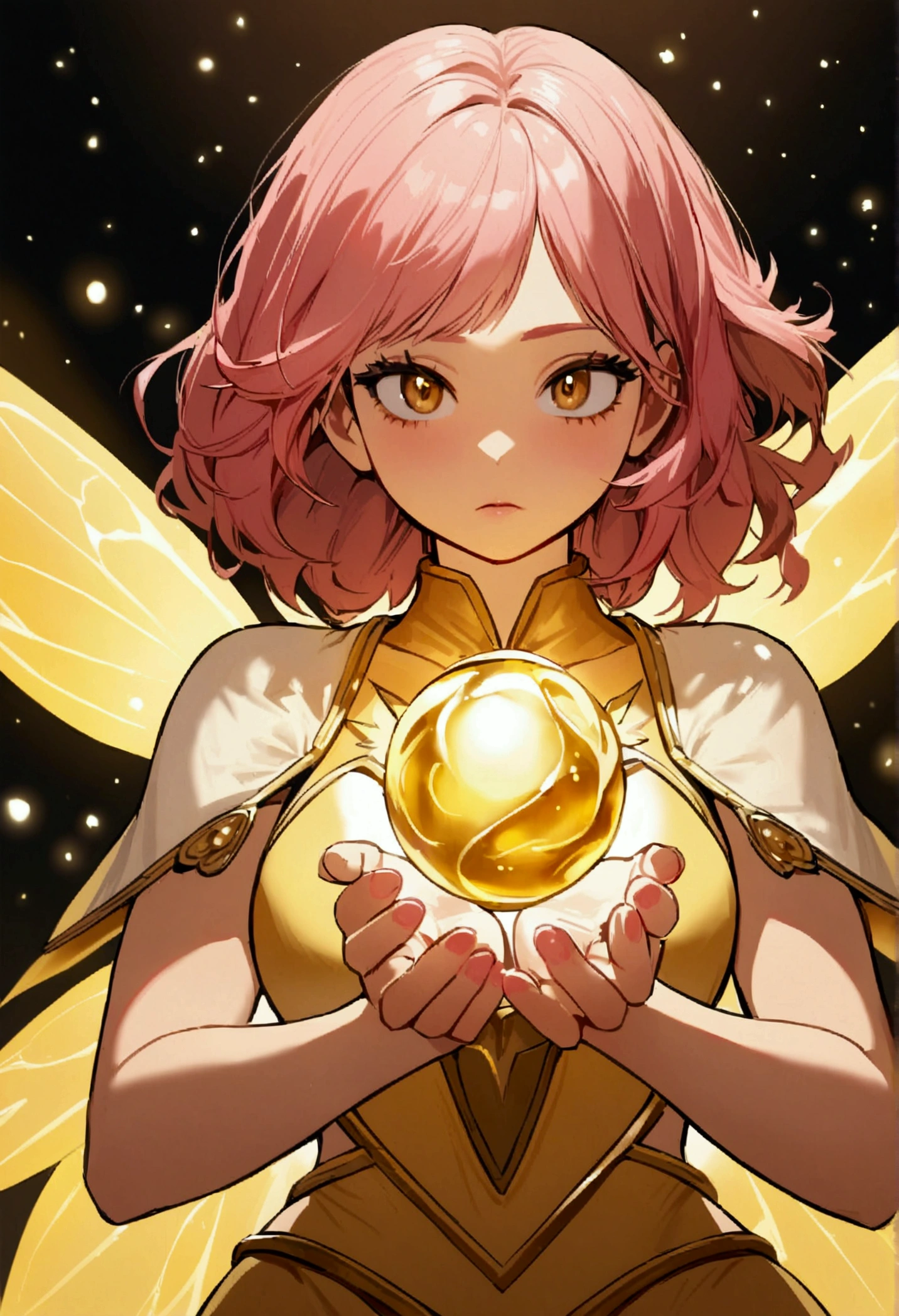 a girl with pink hair, light brown complexion and golden fairy wings with a heroine costume and in her hands a golden rose and around it spheres of light in the style of my hero academia