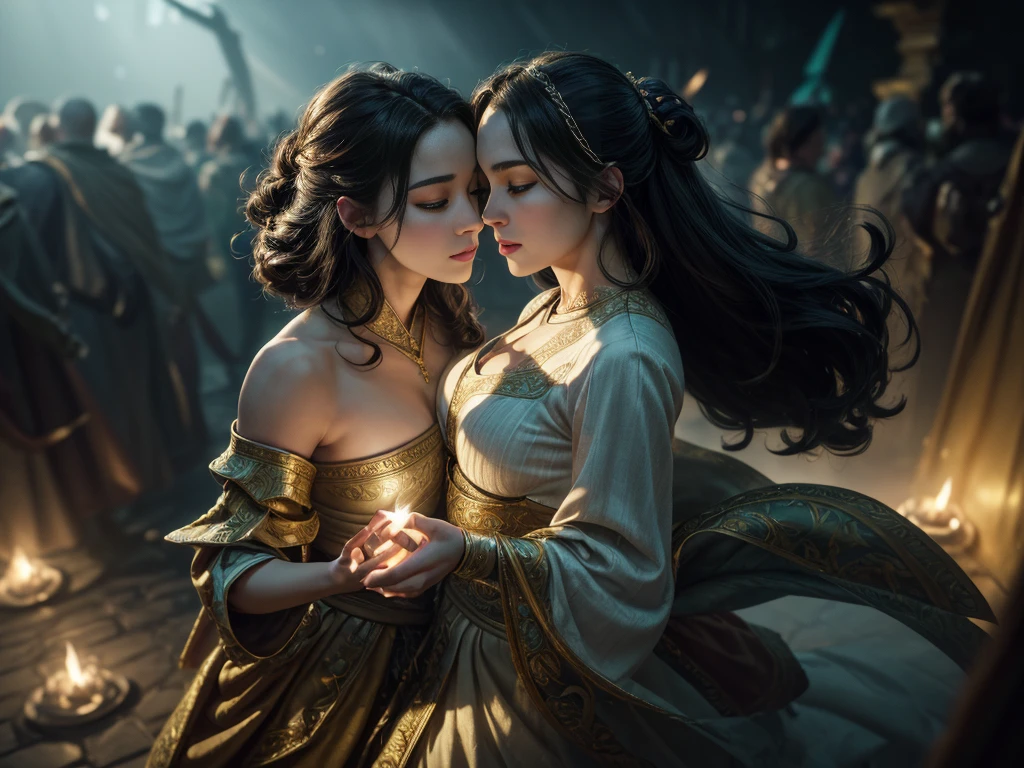8k, elegant, majestic, digital photography, ((masterpiece)), sidelighting, hdr,  vibrant abstraction of a medieval festival, dynamic dancers twirl amidst a sea of vivid, (highly detailed face:1.5), swirling hues, evoking joy and movement. Realistic hands. [The character is surrounded by mist, evoking a mysterious and eerie atmosphere. The lighting is dark and atmospheric, with smoke adding a touch of sinister ambiance. Best quality image, HDR enhancement, showcasing the utmost level of detail and realism, full body shot:1.5]. [8K, Best Quality, Ultra High Resolution, (highly detailed CG unity 8k wallpaper), (best photo), (best shadows), isometric 3D, octane rendering, ray tracing, highly detailed, (Best quality, 4K, 8k:1.2), absurdity, ultra detailed, (realistic, photorealistic, photorealistic:1.37), complex parts, HDR, (complex parts:1.12), (hyper detailed, hyper realistic, Soft lighting, spicy:1.2), (complex parts, Hyper detailed:1.15). Blurred foreground. (backlit), masterpiece, high quality, brightness, chromatic aberration, foggy smoke, shadows, contrast, clear sky, (warm hue, warm tone), high details, natural reflections]. (YES SFW)