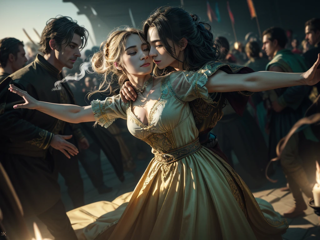 8k, elegant, majestic, digital photography, ((masterpiece)), sidelighting, hdr,  vibrant abstraction of a medieval festival, dynamic dancers twirl amidst a sea of vivid, (highly detailed face:1.5), swirling hues, evoking joy and movement. Realistic hands. [The character is surrounded by mist, evoking a mysterious and eerie atmosphere. The lighting is dark and atmospheric, with smoke adding a touch of sinister ambiance. Best quality image, HDR enhancement, showcasing the utmost level of detail and realism, full body shot:1.5]. [8K, Best Quality, Ultra High Resolution, (highly detailed CG unity 8k wallpaper), (best photo), (best shadows), isometric 3D, octane rendering, ray tracing, highly detailed, (Best quality, 4K, 8k:1.2), absurdity, ultra detailed, (realistic, photorealistic, photorealistic:1.37), complex parts, HDR, (complex parts:1.12), (hyper detailed, hyper realistic, Soft lighting, spicy:1.2), (complex parts, Hyper detailed:1.15). Blurred foreground. (backlit), masterpiece, high quality, brightness, chromatic aberration, foggy smoke, shadows, contrast, clear sky, (warm hue, warm tone), high details, natural reflections]. (YES SFW)