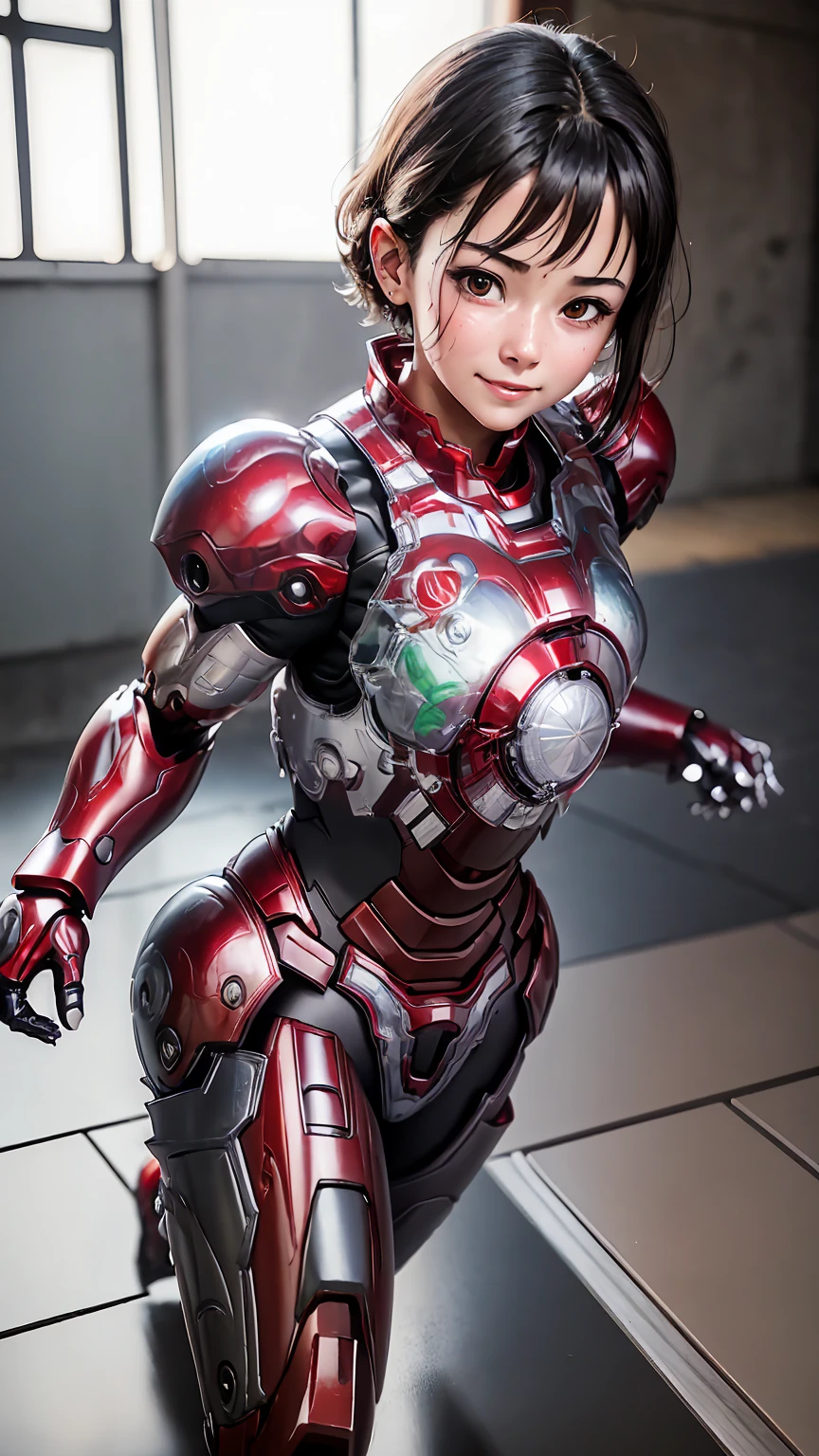 Highest quality　8k full body red armor　Iron Man Suit Girl　Elementary school girl　Sweaty face　Cute Smile　short hair　boyish　Steam coming from the head　My hair is wet with sweat　Black Hair