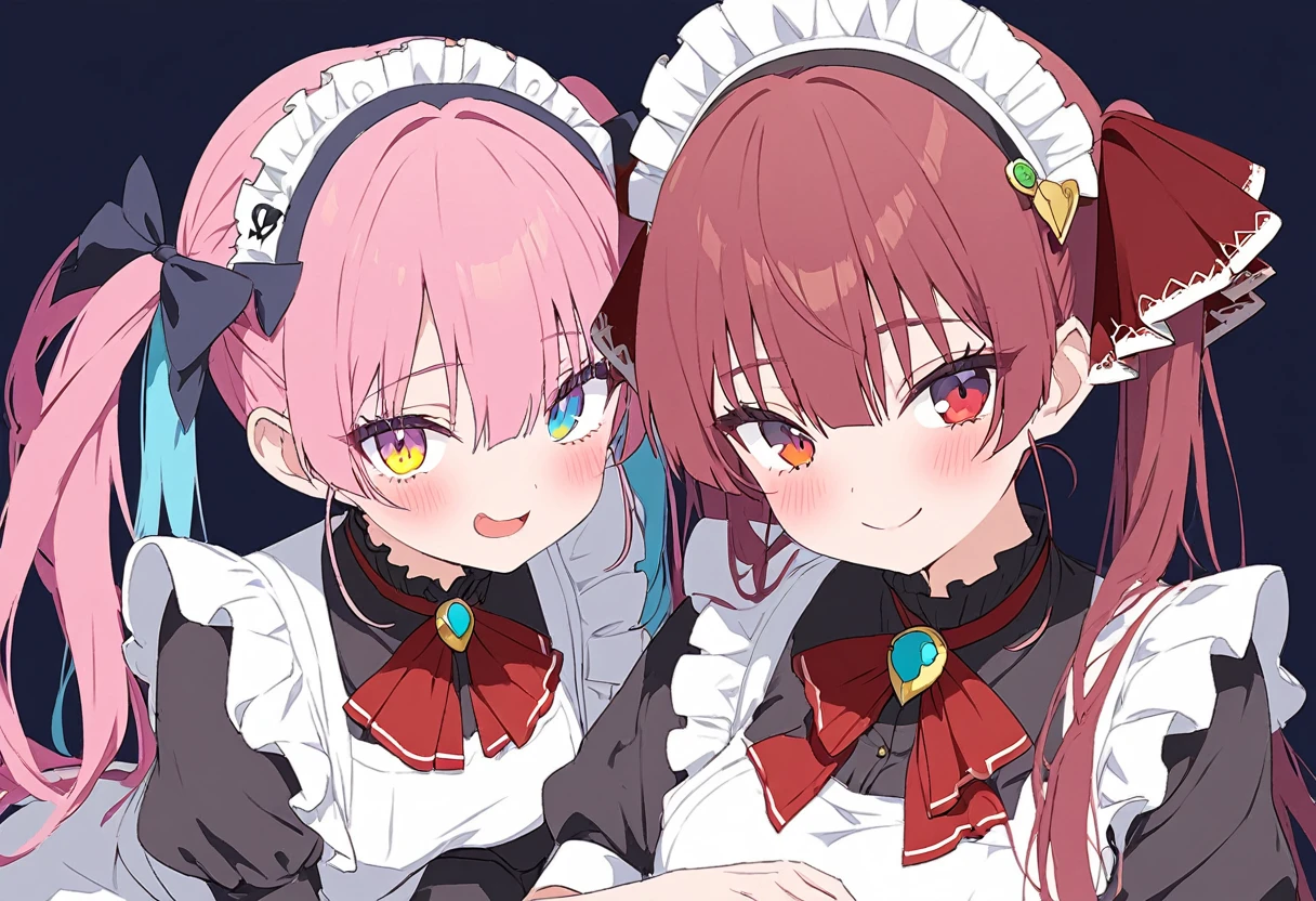 delicate、masterpiece、Highest quality、2 peopleの女の子、2 peopleだけ、2 people、virtual、cute、(((Houshou Marine,cute、Redhead、Twin tails,distinct eyes,The left eye is yellow and the right eye is red.,Haveは無し)))、(((Minato Aqua、cute、Light blue and pink hair、Clothes like a maid、Have)))White Background、Flat Color、sketch