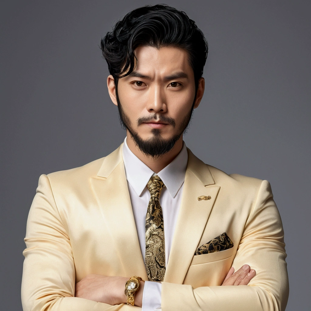 Illustrated style、ID photo、A single male with black hair and a beard、Wearing a gold necklace、Wearing a suit and with his arms crossed。The man is drawn in a manga-like style.、Has strength and charisma。