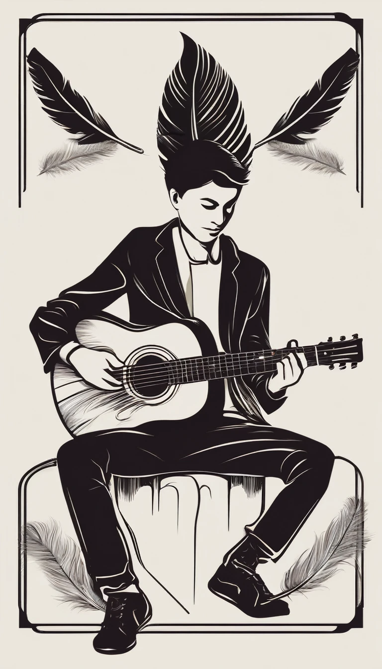 Create a minimal, modern, simple, inspirational, memorable, dream like logo design of a boy playing acoustic guitar to a feather for the brand “Penamemoria". The logo design must convey a sense of storytelling, cinematic storytelling, stories and dreams.