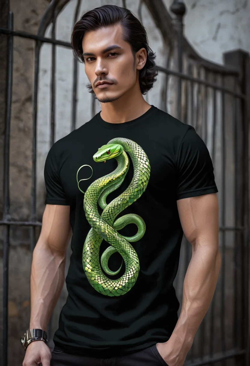 T-shirt designs, Create a menacing white t-shirt with a full-length python motif inspired by the aesthetics of heavy metal music. The art work features an elegant style, python dourado e verde claro enrolado sinuosamente, its scales shining in the dim light. python'The mouth is wide open, revealing rows of sharp teeth dripping with blood, exuding a raw feeling, primitive aggression, clear sky and bright sun in the background, improving the sinister atmosphere of the design. python'the eyes shine with a malevolent shine, capturing the essence of danger and violence. The overall style is bold and intense, embodying the dark and edgy spirit of heavy metal music.