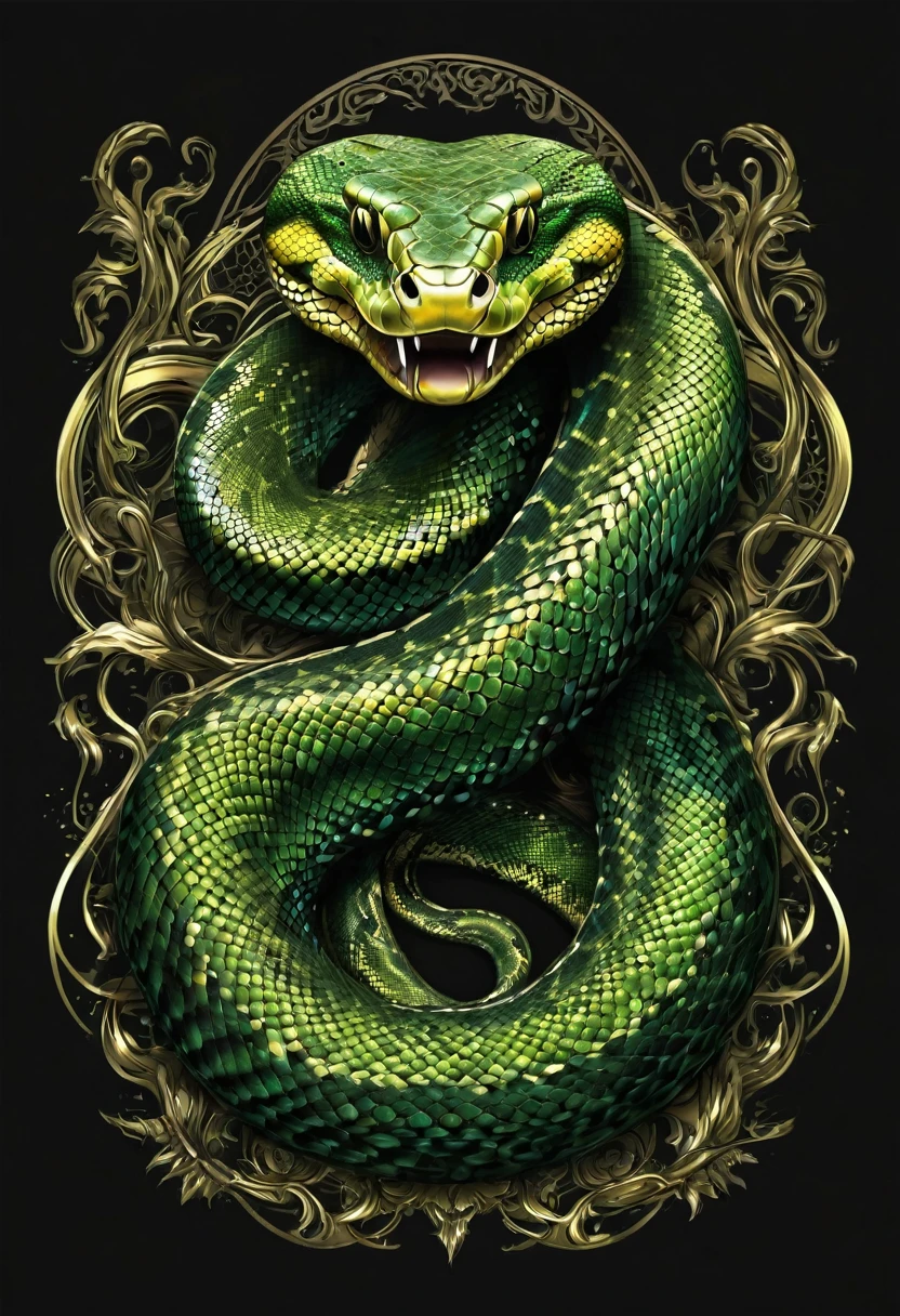 t shirt design, Create a menacing black t-shirt with a full-length Python motif inspired by the aesthetics of heavy metal music. The artwork features an elegant style, Golden and light green python coiled sinuously, its scales shining in the dim light. Python&#39;s mouth is wide open, revealing rows of sharp teeth dripping with blood, exuding a raw feeling, primitive aggression, bright sky and big sun in the background, improving the sinister atmosphere of the design. Python&#39;s eyes shine with a malevolent glow, capturing the essence of danger and violence. The overall style is bold and intense, embodying the dark and edgy spirit of heavy metal music.