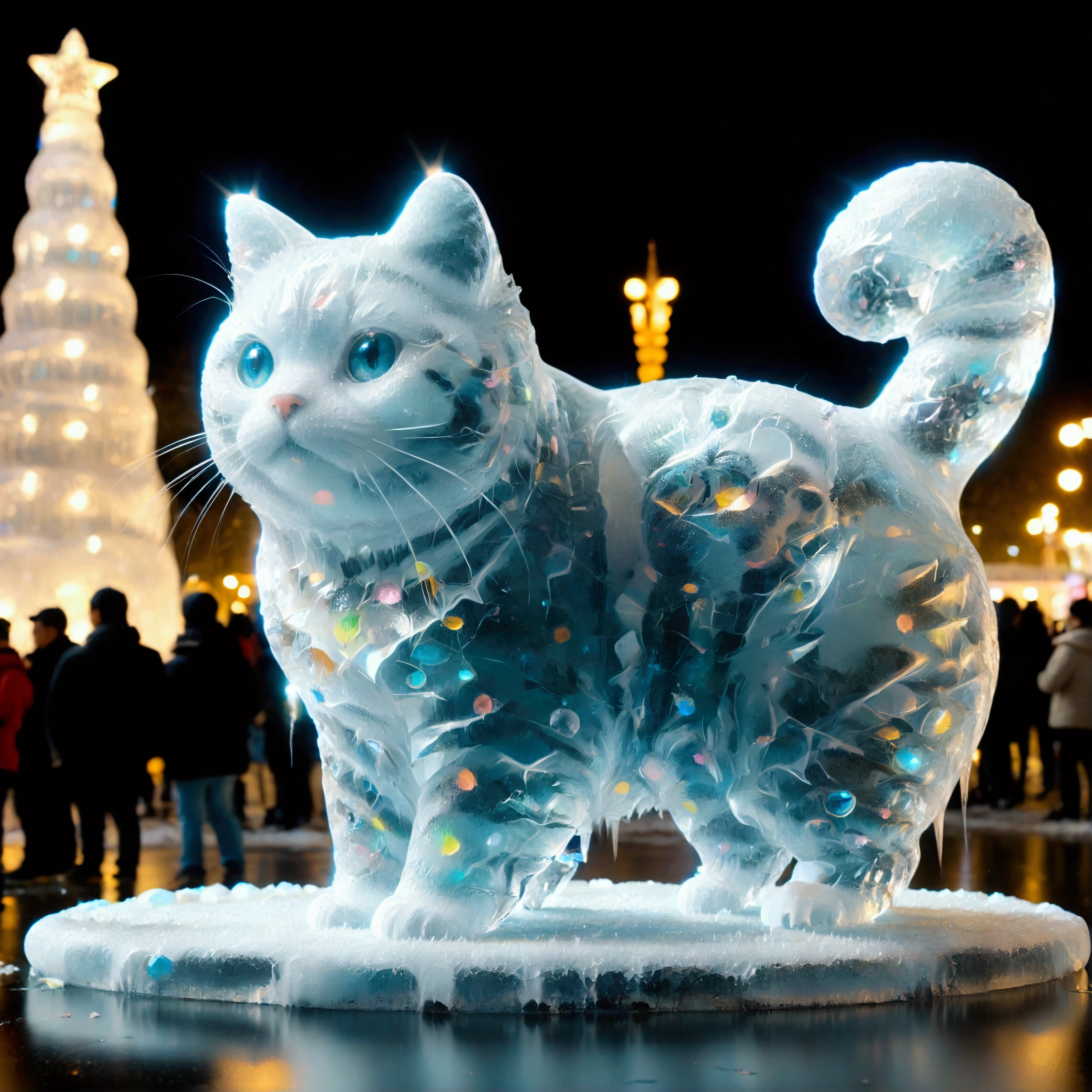 Giant transparent ice sculpture, (cute little super fat cat sculpture), Sapporo Snow Festival, twinkling lights, Numerous onlookers behind the ice sculpture, (masterpiece), (top quality), (super high detail).