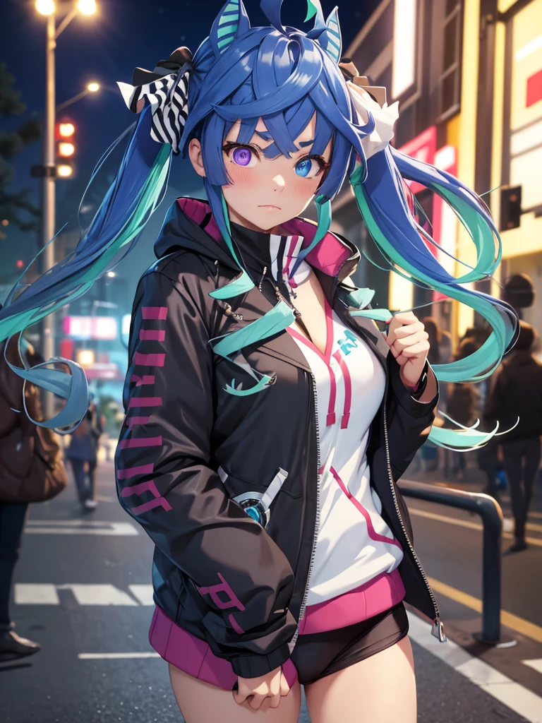 (Masterpiece, best quality, high res、highly detailed cg: 1), Standing on a street corner night, I suddenly feel a gaze upon me. Following the gaze, I see a streetwalker standing nearby. She doesn't approach or call out, but her eyes are filled with temptation, quietly standing but making it impossible to look away once our eyes meet. Twin_Turbo_Umamusume, aqua hair, twintails, heterochromia, purple eyes, blue eyes, sharp teeth,hores tails, nsfw, short stature, open coat, Showing her underwear, Blush