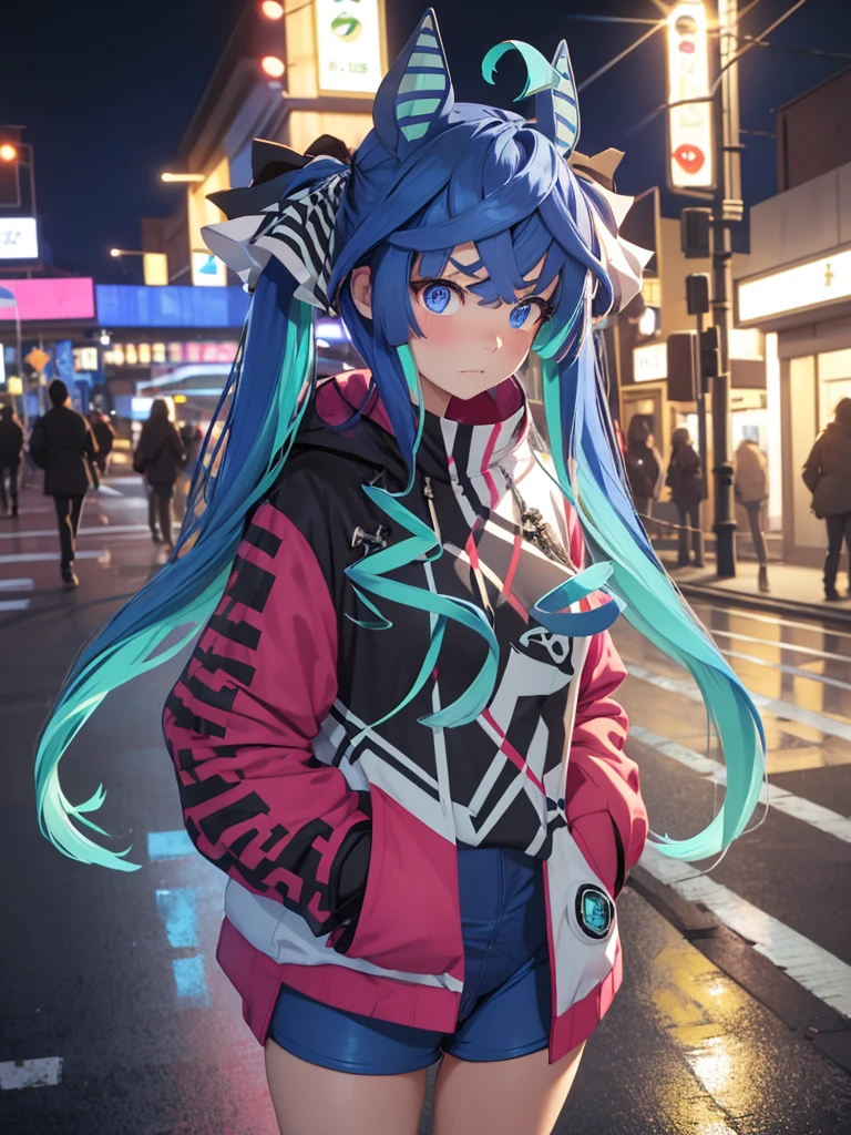 (Masterpiece, best quality, high res、highly detailed cg: 1), Standing on a street corner night, I suddenly feel a gaze upon me. Following the gaze, I see a streetwalker standing nearby. She doesn't approach or call out, but her eyes are filled with temptation, quietly standing but making it impossible to look away once our eyes meet. Twin_Turbo_Umamusume, aqua hair, twintails, heterochromia, purple eyes, blue eyes, sharp teeth,hores tails, nsfw, short stature, open coat, Showing her underwear, Blush