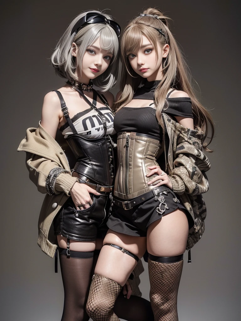 (Smiling with teeth showing:1.3),(Shibuya Gal:1.5)、(Popular idol unit style:1.5)、(Neo-goth fashion:1.5)、(Punk RockVisual Kei:1.5)、(An off-the-shoulder hoodie in khaki and brown with delicate silver accessories.:1.5)、(A corset with a delicate beige and brown design:1.4)、(Dark grey, khaki and brown snakeskin bodysuit:1.5)、(Snake print headband:1.3)、(Beige and charcoal knee socks:1.4)、Embellished collar and long boots、(I'm selling snake print underwear.:1.4)、(Long eyelashes:1.3)、(20-year-old)、((Highest quality、8k、masterpiece:1.3))、1 Female、Slim and beautiful abs:1.3、(hairstyle casual、Beautiful boobs:1.1)、(Doing an aerobics pose:1.3)、dress:1.1、Super small face、Narrow eyes、double eyelid、A sloppy smile、Esbian all over body、Dynamic Angle、Close-up、CPL Filter、Blurred Background、Bokeh、Blue Hour、Detailed face and skin texture、Detailed eyes、,(Twin tails:1.3)、(Black brown hair:1.3)、Gravure idol、(The background is a glamorous dance hall:1.3)、(Make your legs thinner:1.4)、(Slim Body:1.3)、(clavicle:1.1)