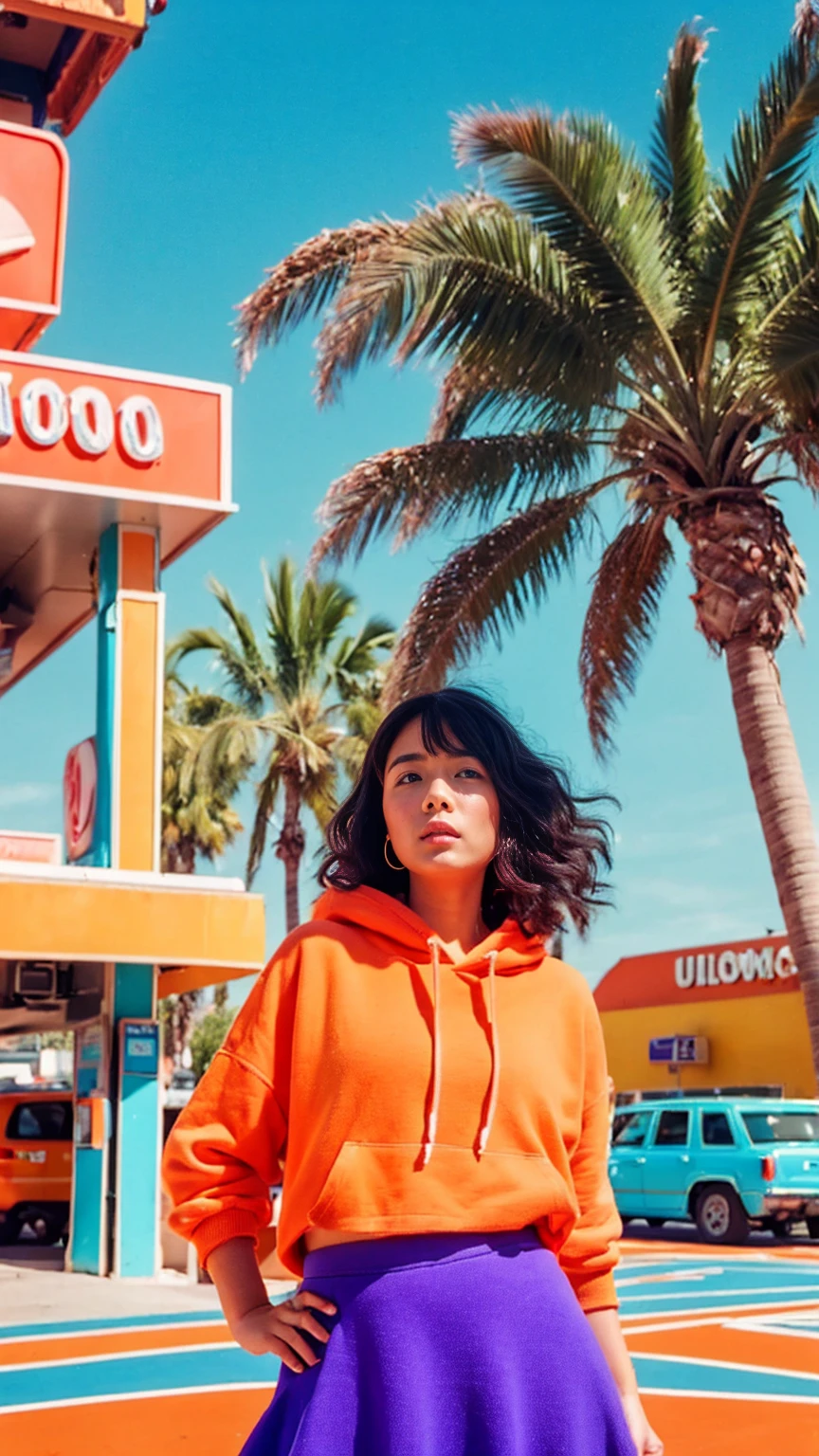 (medium cinematic shot portrait), of cute 23 yo girl (perfect plump body) ,wear ((orange color oversized_hoodie)), wear ((purple tennis skirt)),looking front,Best Quality,Masterpiece,Ultra High Resolution,(Realisticity:1.4),Original Photo, 1Girl, light leak,ultra high resolution,UHD,beautiful, (black bob hair), almond eye, no makeup, in front of ((80's colorful gas station)), (realistic:1.2), (surreal:1.3), (very detailed:1.1), ((masterpiece)),summer, blue sky, palm trees,sunny, los angles vibes,film camera, 800mm lens,style of Philip Lorca diCorcia