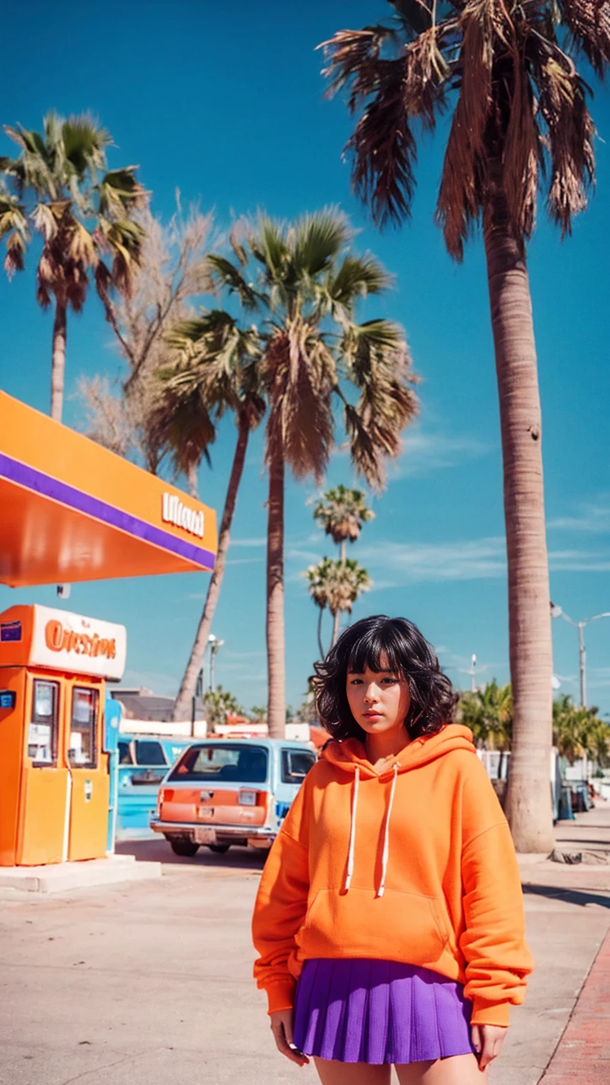 (medium cinematic shot portrait), of cute 23 yo girl (perfect plump body) ,wear ((orange color oversized_hoodie)), wear ((purple tennis skirt)),looking front,Best Quality,Masterpiece,Ultra High Resolution,(Realisticity:1.4),Original Photo, 1Girl, light leak,ultra high resolution,UHD,beautiful, (black bob hair), almond eye, no makeup, in front of ((80's colorful gas station)), (realistic:1.2), (surreal:1.3), (very detailed:1.1), ((masterpiece)),summer, blue sky, palm trees,sunny, los angles vibes,film camera, 800mm lens,style of Philip Lorca diCorcia