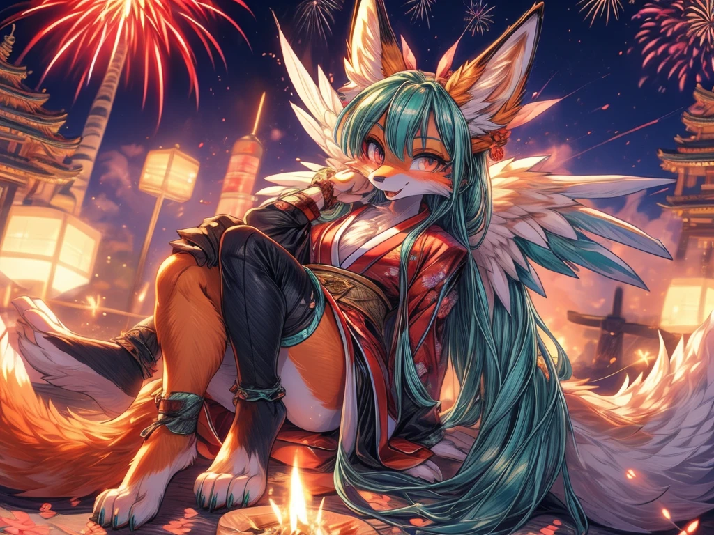 ((A masterpiece))The best quality, Japanese Teen Hatsune Miku x Kitsune , fox face elongated snout add detail, Surprise face, add heated_Detailsl,, kitsune warrior in spring hanami add_Detailsl:1, add barefoot_Detailsl:1 mystical aura, enjoy the fireworks add_Details 