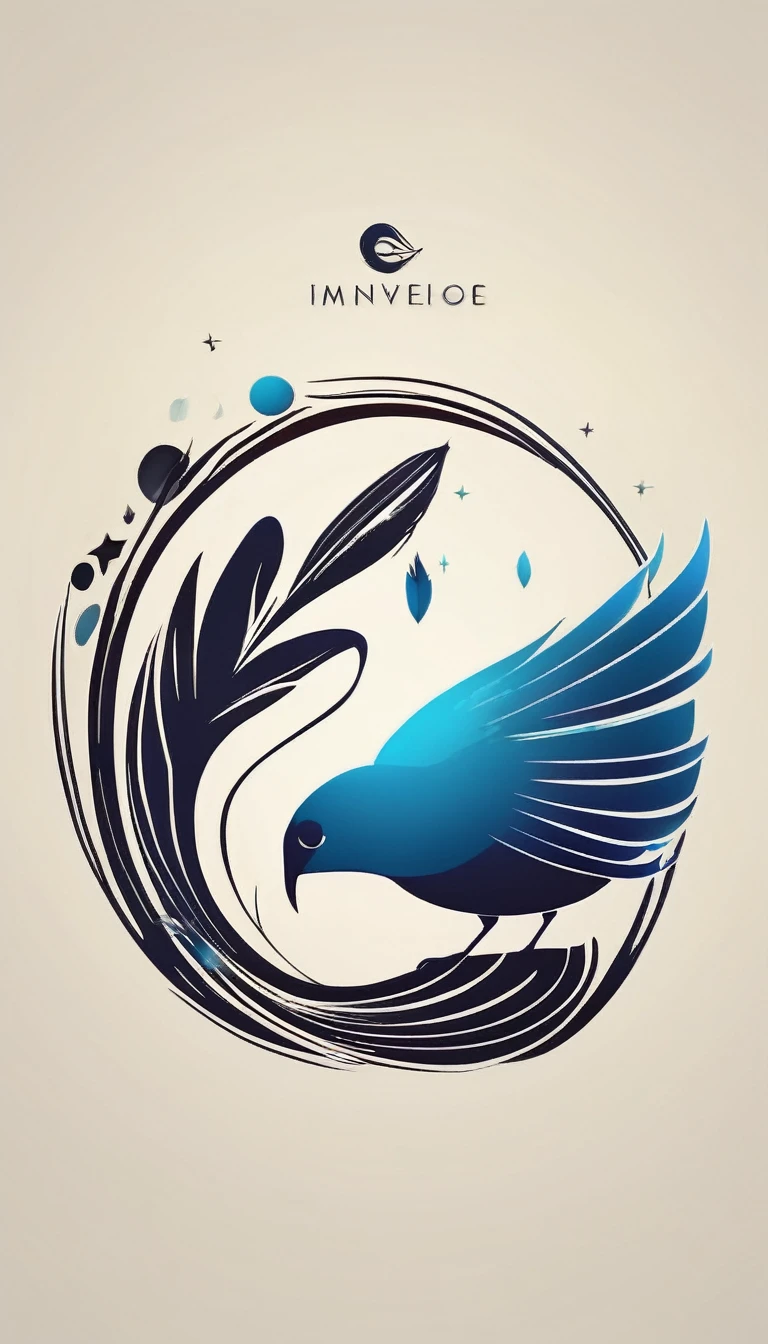 Create a cinematic image, abstract symbol for a film production company based on stories and music. The logo should represent the companionship between a boy musician, A storyteller fantasy bird, a dreamy feather, A boy and a guitar. Minimalist symbol design