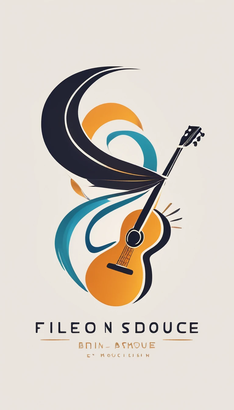 Create a cinematic image, abstract symbol for a film production company based on stories and music. The logo should represent the companionship between a boy musician, A storyteller fantasy bird, a dreamy feather, A boy and a guitar. Minimalist symbol design
