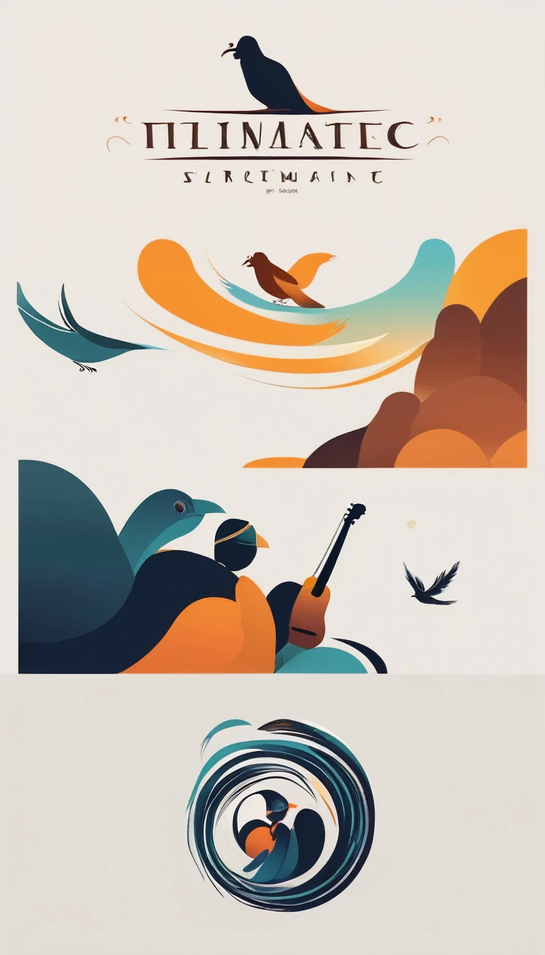 Create a cinematic image, abstract symbol for a film production company based on stories and music. The logo should represent the companionship between a boy musician, A storyteller fantasy bird, a dreamy feather, A boy and a guitar. Minimalist symbol design