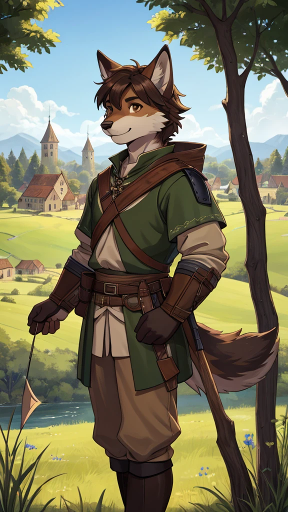 (very detailed illustration: 1.2), best quality, masterpiece, solo, natural lighting, An young anthro wolf with dark brown fur, he has brown eyes and dark brown hair, He is dressed in archer clothing from the medieval era, he is in an open field, on his sides there are trees and behind him is a village from the medieval era, he is smiling while he has his bow and arrows on his back.