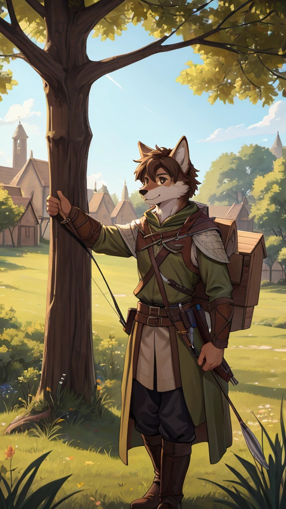 (very detailed illustration: 1.2), best quality, masterpiece, solo, natural lighting, An young anthro wolf with dark brown fur, he has brown eyes and dark brown hair, He is dressed in archer clothing from the medieval era, he is in an open field, on his sides there are trees and behind him is a village from the medieval era, he is smiling while he has his bow and arrows on his back.