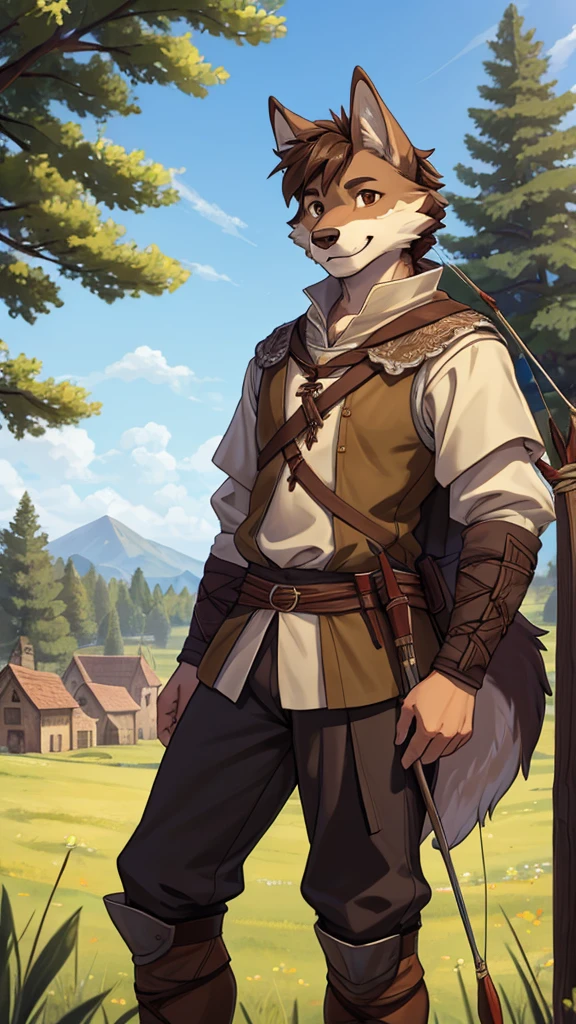 (very detailed illustration: 1.2), best quality, masterpiece, solo, natural lighting, An young anthro wolf with dark brown fur, he has brown eyes and dark brown hair, He is dressed in archer clothing from the medieval era, he is in an open field, on his sides there are trees and behind him is a village from the medieval era, he is smiling while he has his bow and arrows on his back.